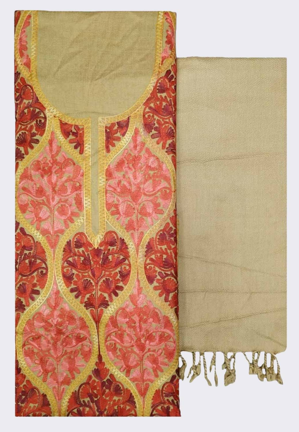     			KASHMIRI Unstitched Woollen Embroidered Dress Material - Beige ( Pack of 1 )