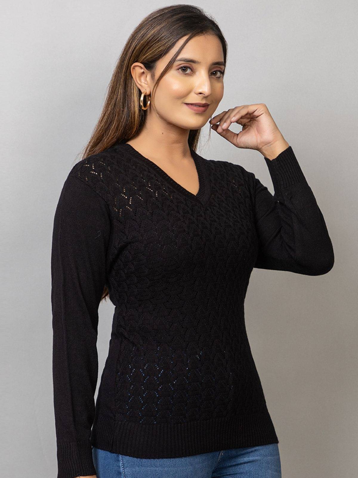     			MISDYNAMIC Women Acrylic V-Neck Pullover ( Black )