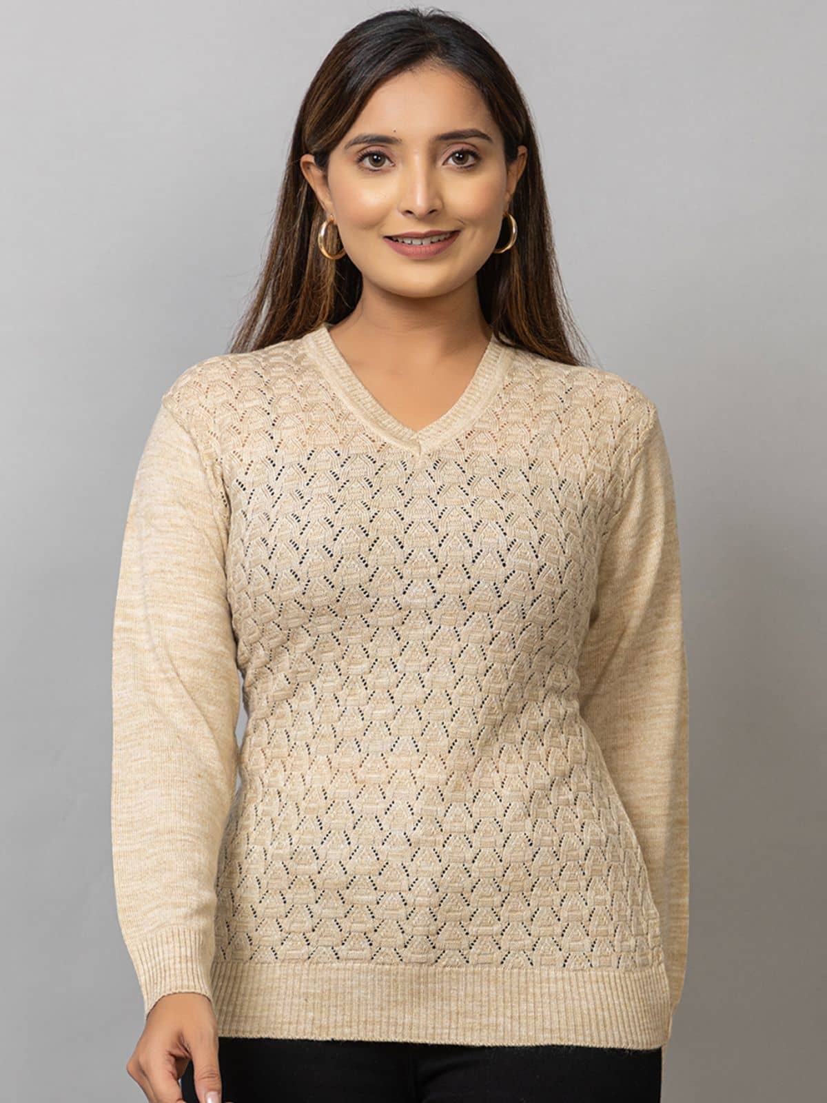 MISDYNAMIC Acrylic V Neck Women's Pullovers - Beige ( Single )