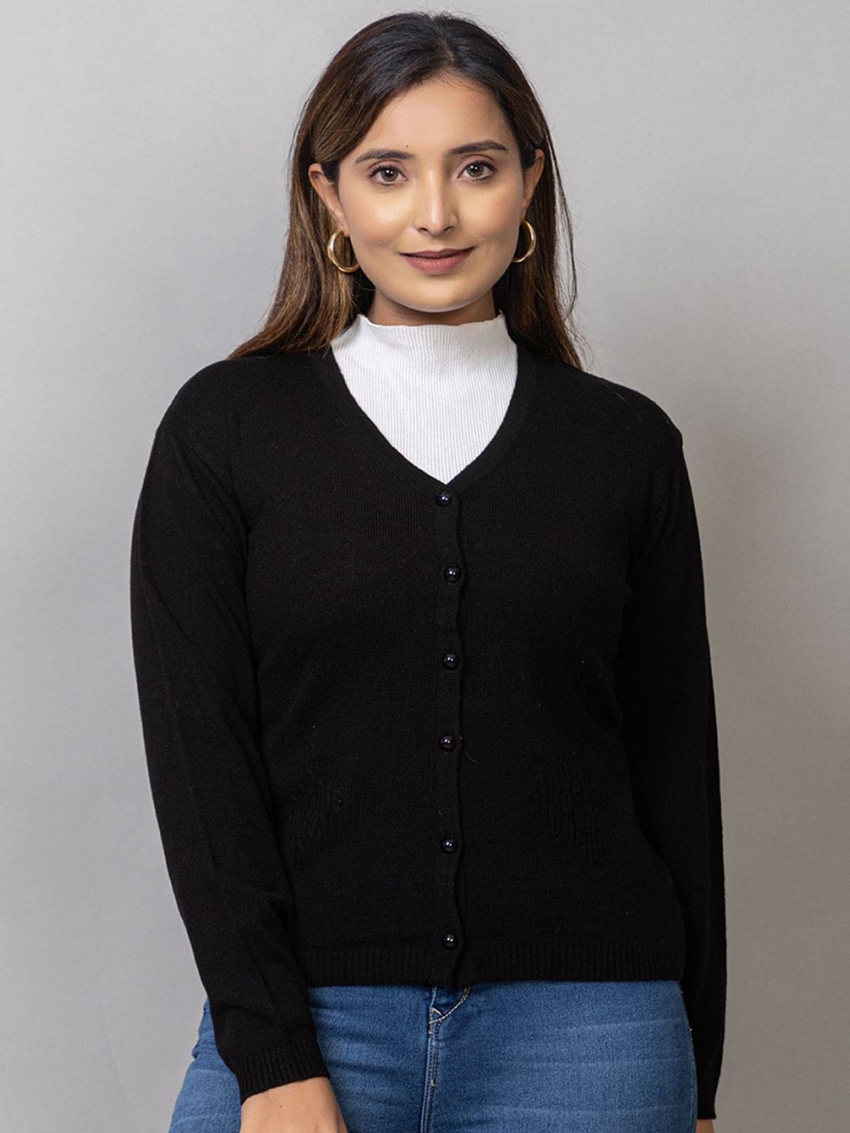     			MISDYNAMIC Acrylic V Neck Women's Buttoned Cardigans - Black ( Single )