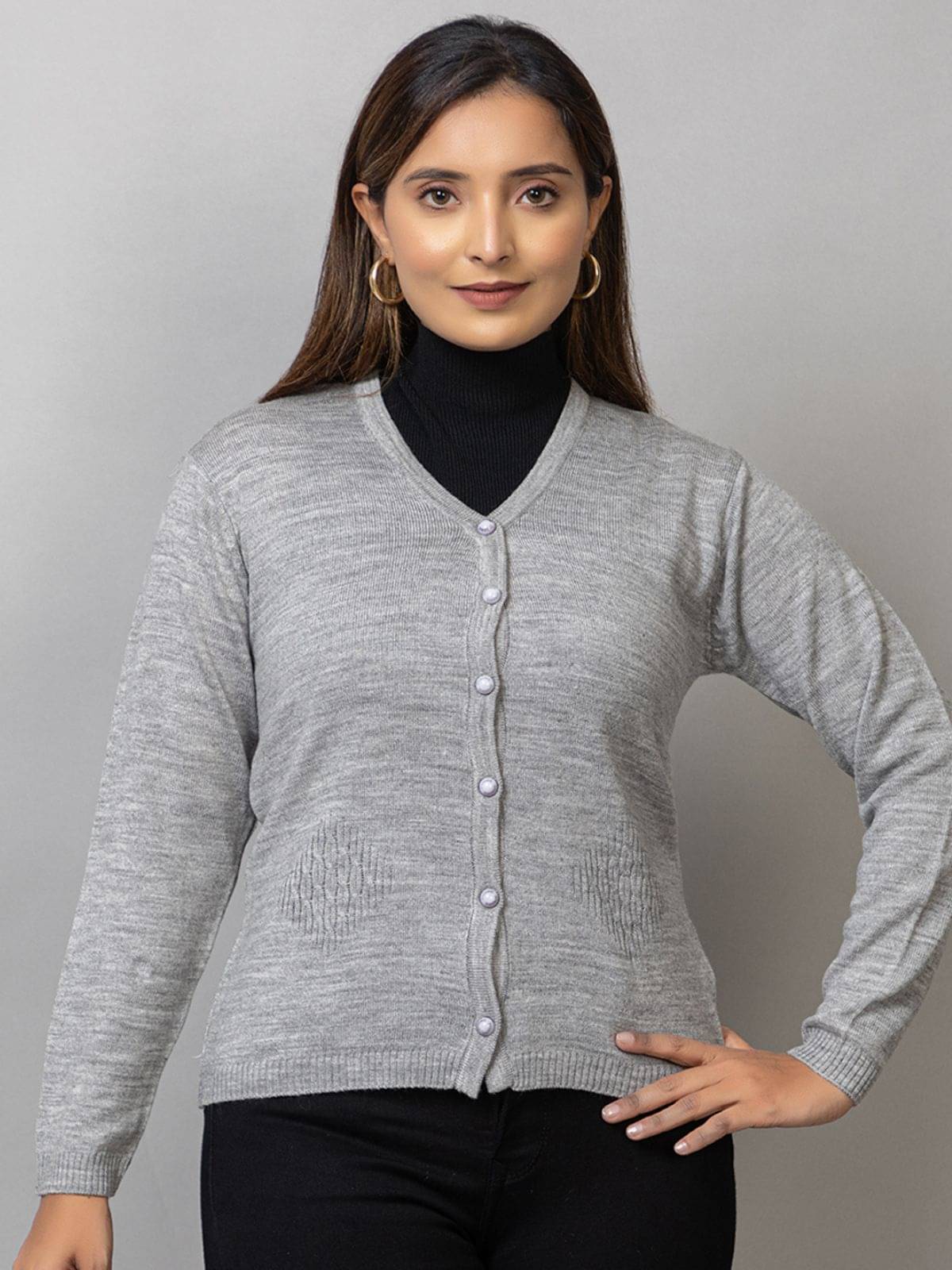 MISDYNAMIC Acrylic V Neck Women's Buttoned Cardigans - Grey ( Single ) MISDYNAMIC Acrylic V Neck Women's Buttoned Cardigans - Grey ( Single )