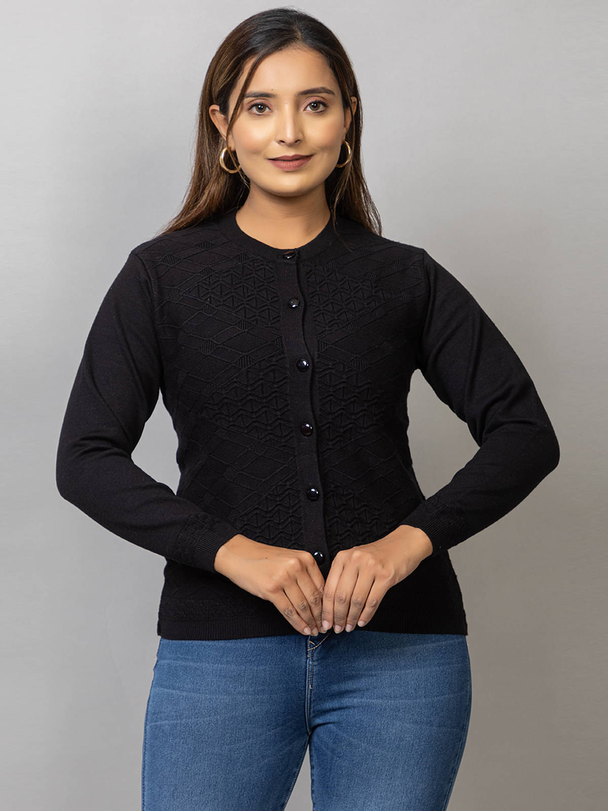 MISDYNAMIC Woollen Round Neck Women's Buttoned Cardigans - Black ( Single ) MISDYNAMIC Woollen Round Neck Women's Buttoned Cardigans - Black ( Single )
