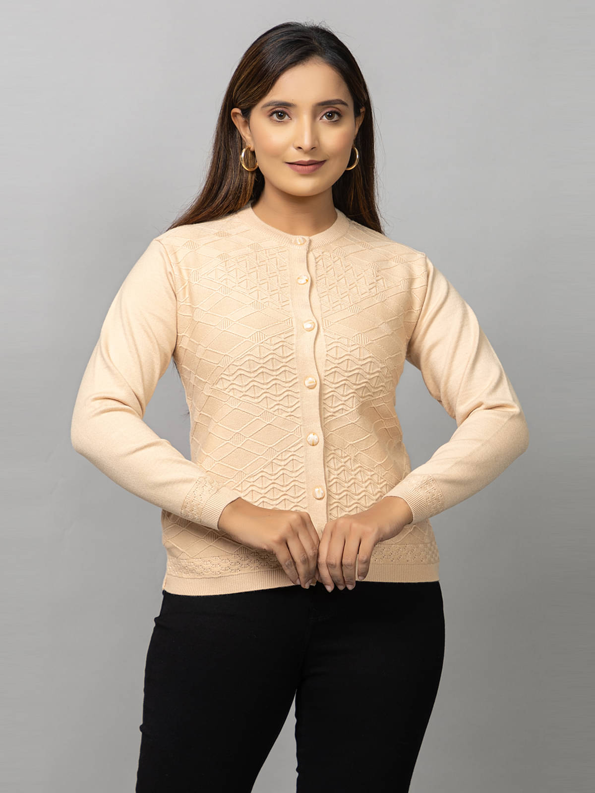 MISDYNAMIC Women Woollen Round Neck Cardigan ( Beige ) MISDYNAMIC Women Woollen Round Neck Cardigan ( Beige )