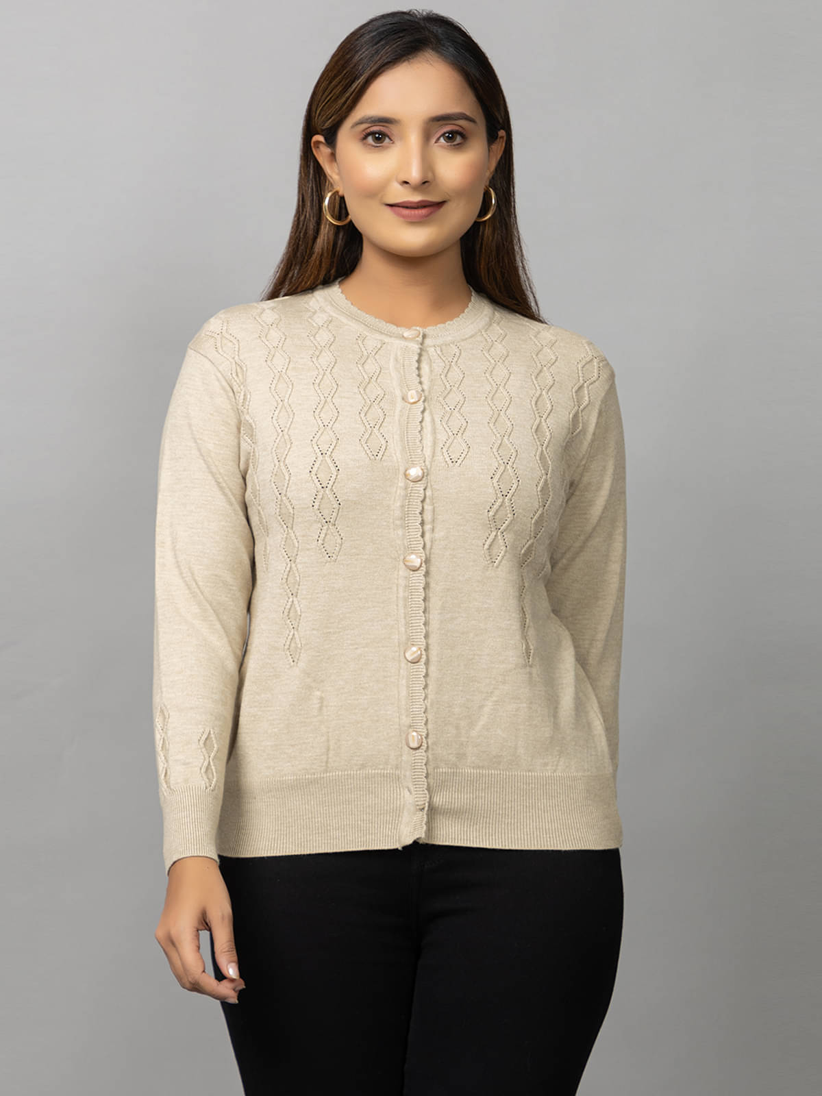 MISDYNAMIC Woollen Round Neck Women's Buttoned Cardigans - Beige ( Single ) MISDYNAMIC Woollen Round Neck Women's Buttoned Cardigans - Beige ( Single )