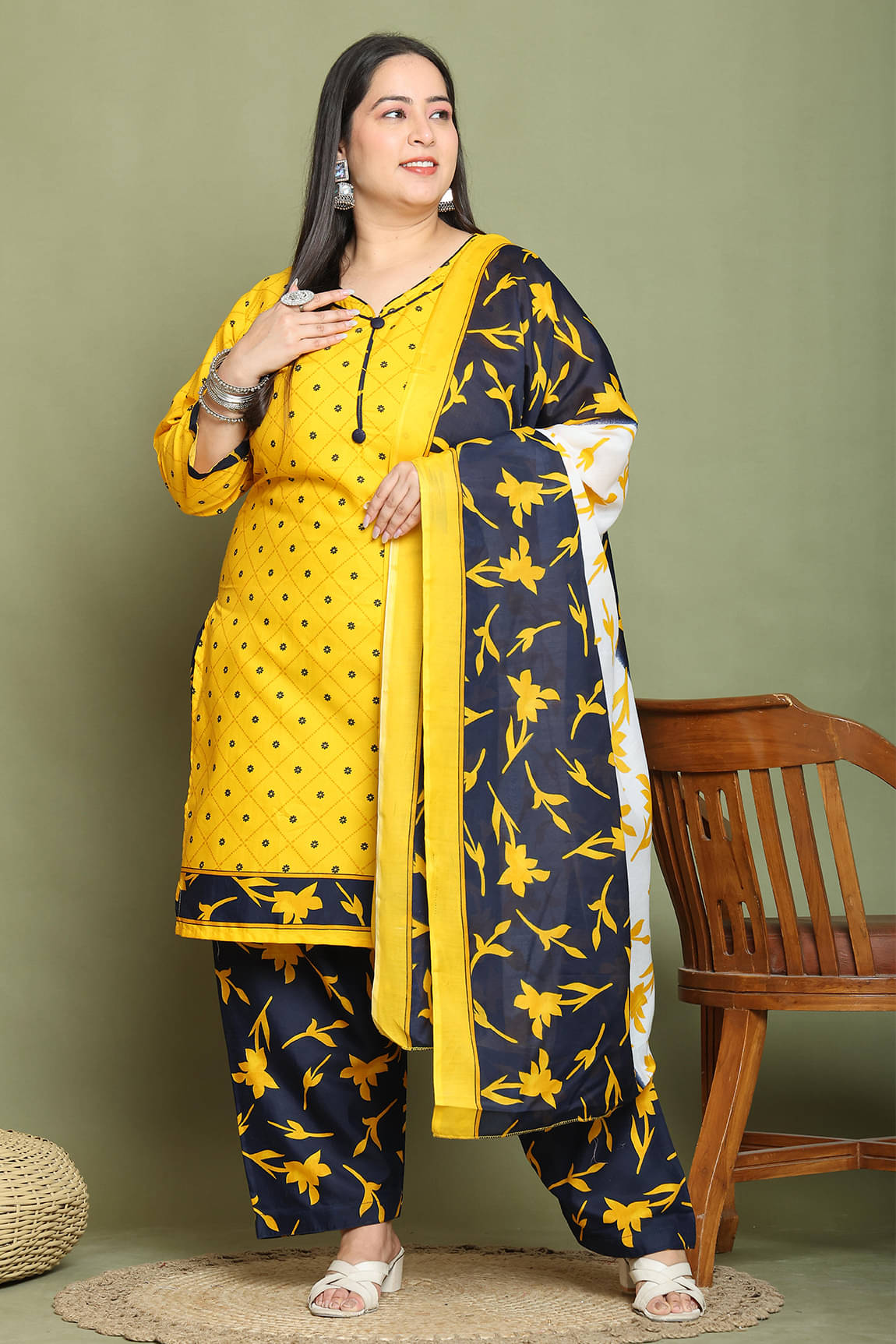     			Rajnandini Cotton Blend Printed Kurti With Palazzo Women's Stitched Salwar Suit - Mustard ( Pack of 1 )