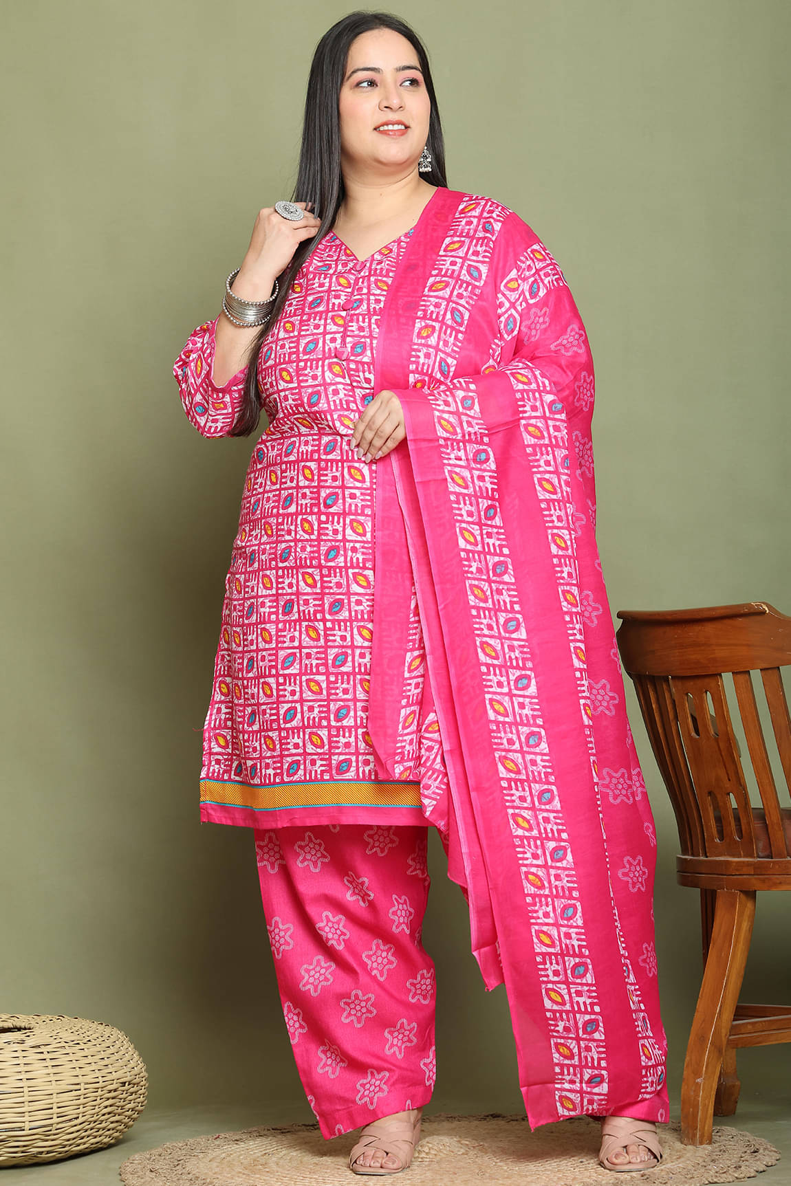     			Rajnandini Cotton Blend Printed Kurti With Palazzo Women's Stitched Salwar Suit - Pink ( Pack of 1 )