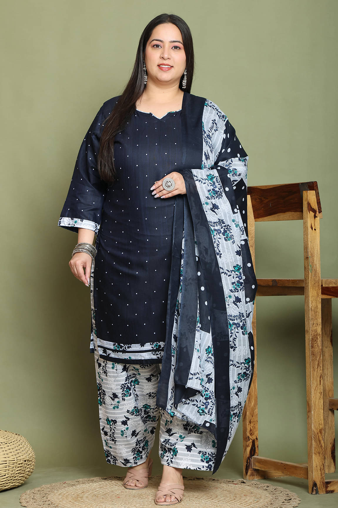 Rajnandini Cotton Blend Printed Kurti With Palazzo Women's Stitched Salwar Suit - Navy Blue ( Pack of 1 ) Rajnandini Cotton Blend Printed Kurti With Palazzo Women's Stitched Salwar Suit - Navy Blue ( Pack of 1 )