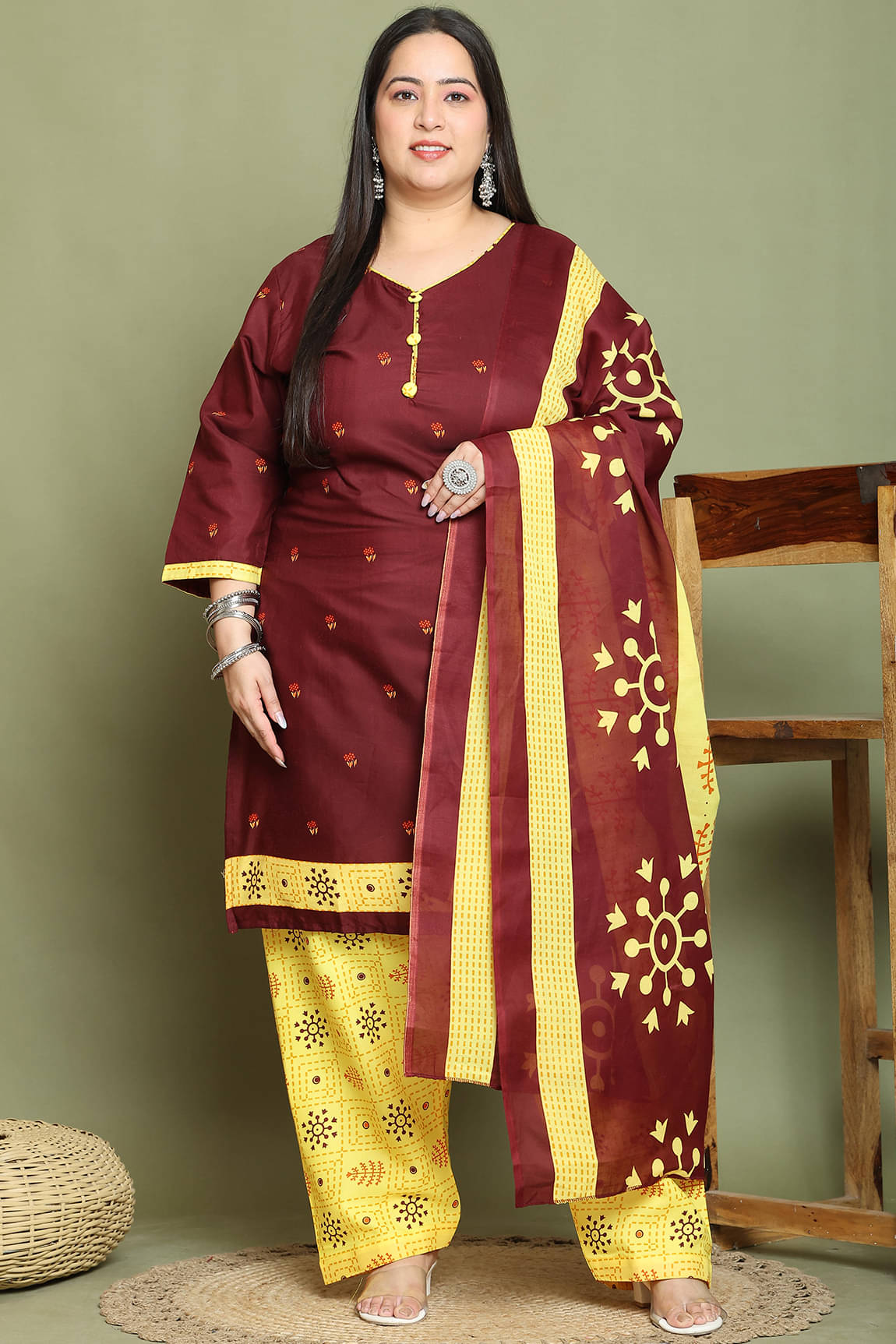 Rajnandini Cotton Blend Printed Kurti With Palazzo Women's Stitched Salwar Suit - Maroon ( Pack of 1 )     			Rajnandini Cotton Blend Printed Kurti With Palazzo Women's Stitched Salwar Suit - Maroon ( Pack of 1 )