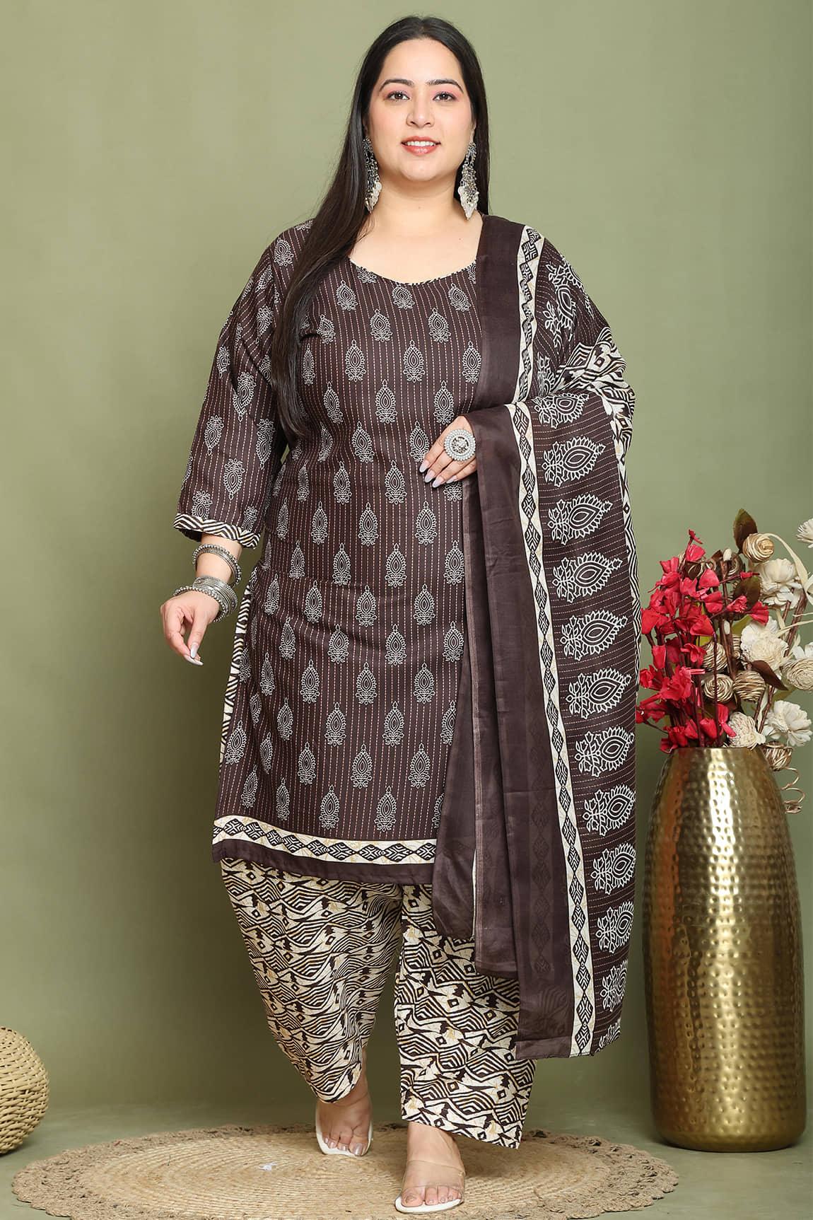 Rajnandini Cotton Blend Printed Kurti With Palazzo Women's Stitched Salwar Suit - Brown ( Pack of 1 )