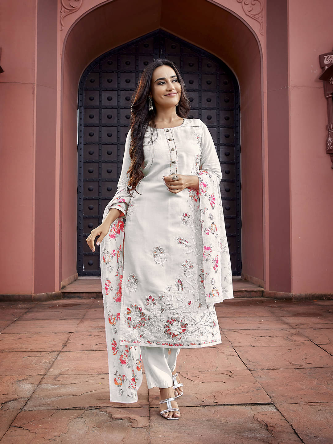 Royal Export Chanderi Embroidered Kurti With Pants Women's Stitched Salwar Suit - White ( Pack of 1 ) Royal Export Chanderi Embroidered Kurti With Pants Women's Stitched Salwar Suit - White ( Pack of 1 )