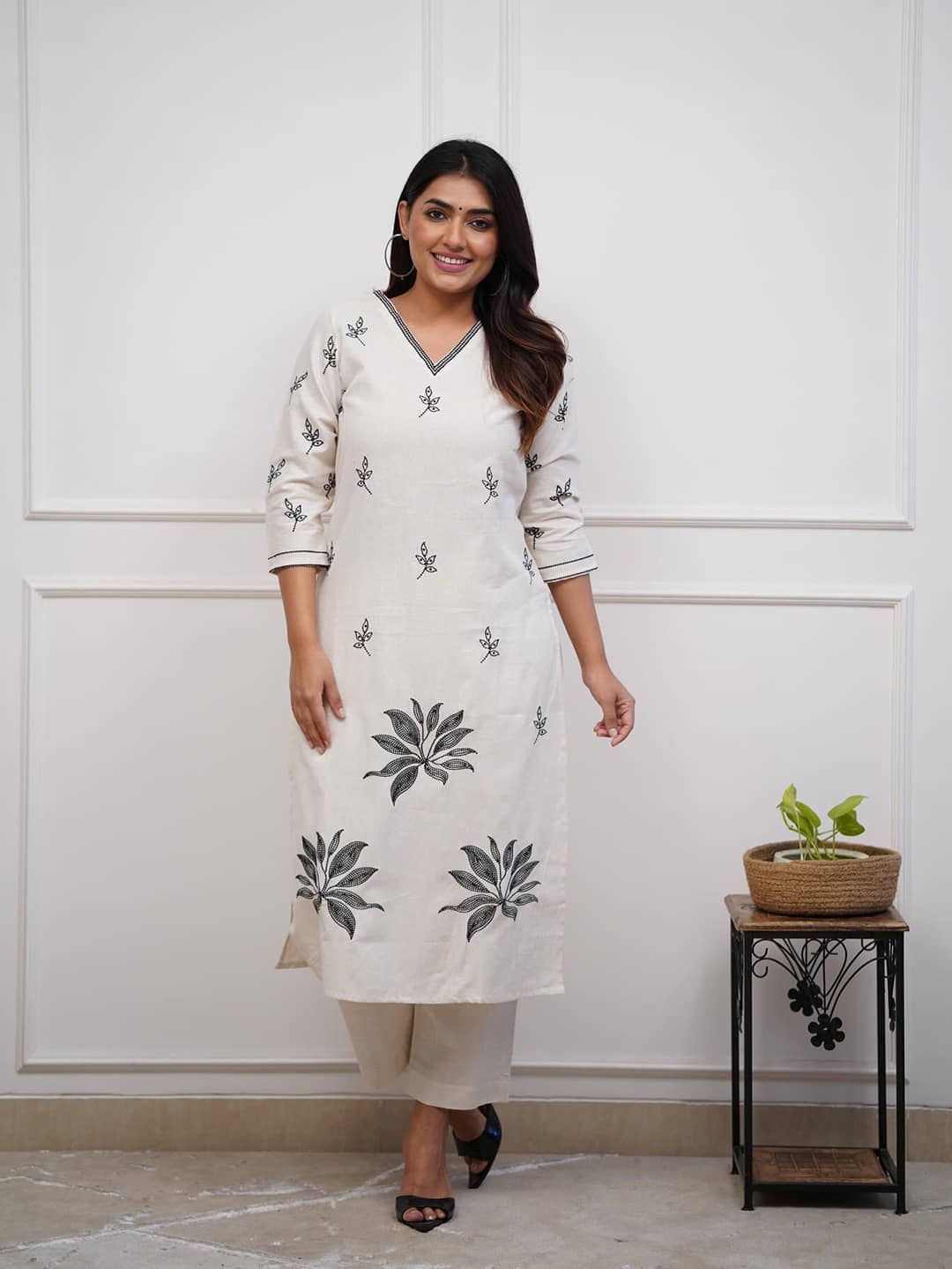 Royal Export Chanderi Embroidered Kurti With Pants Women's Stitched Salwar Suit - White ( Pack of 1 )