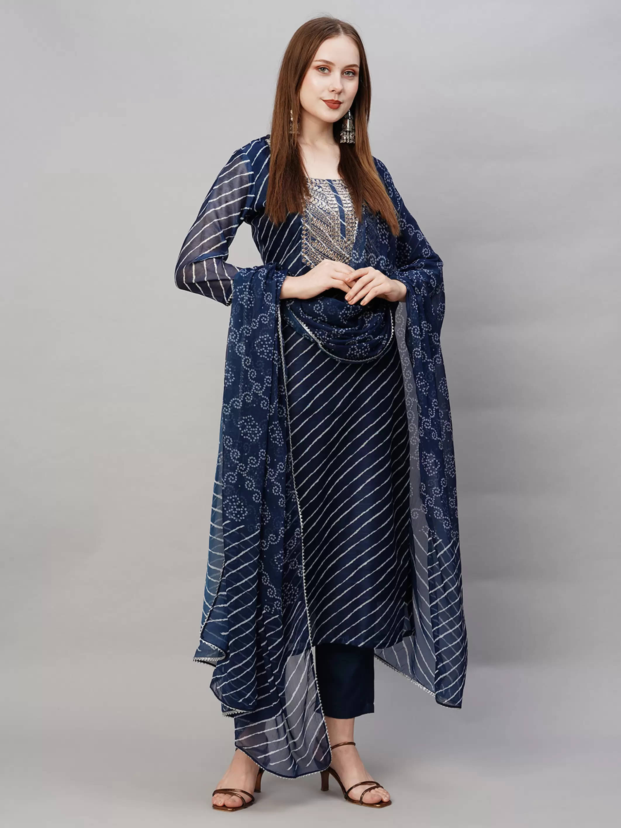 Royal Export Chanderi Printed Kurti With Pants Women's Stitched Salwar Suit - Blue ( Pack of 1 ) Royal Export Chanderi Printed Kurti With Pants Women's Stitched Salwar Suit - Blue ( Pack of 1 )