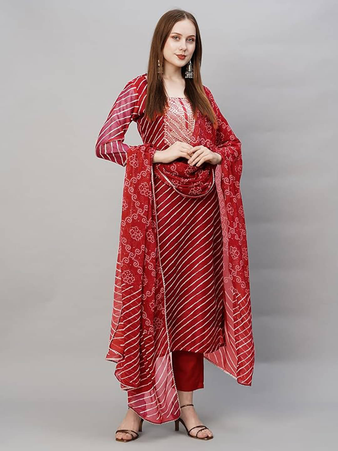    			Royal Export Chanderi Printed Kurti With Pants Women's Stitched Salwar Suit - Red ( Pack of 1 )