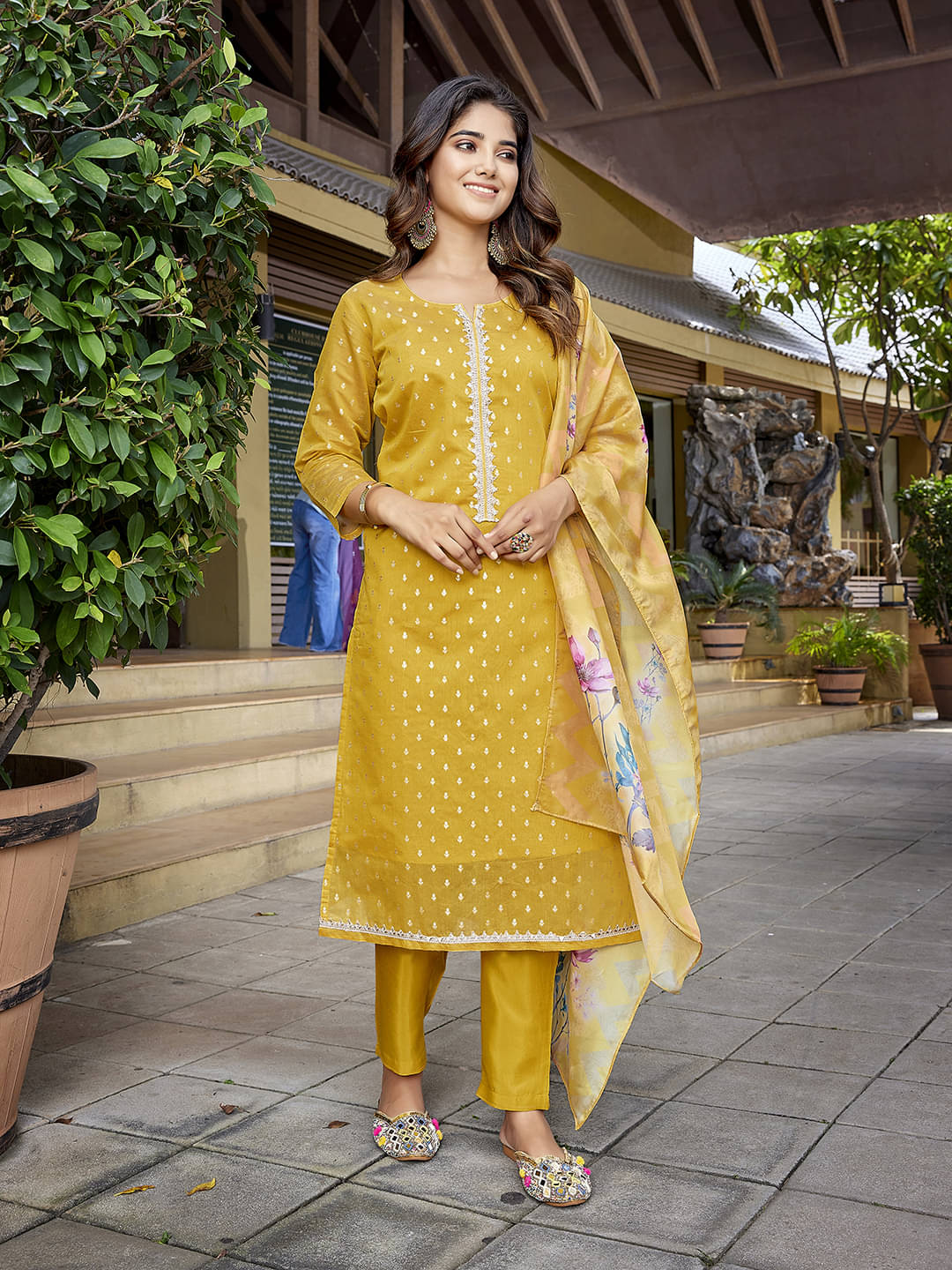 Royal Export Chanderi Self Design Kurti With Pants Women's Stitched Salwar Suit - Yellow ( Pack of 1 ) Royal Export Chanderi Self Design Kurti With Pants Women's Stitched Salwar Suit - Yellow ( Pack of 1 )