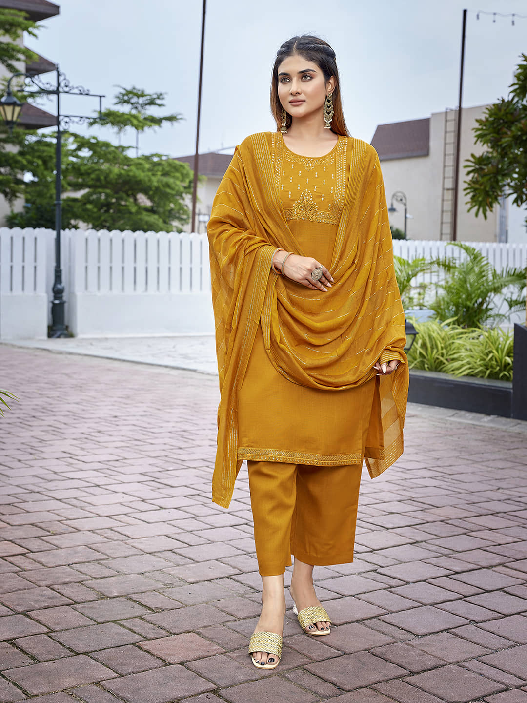 Royal Export Cotton Blend Embellished Kurti With Pants Women's Stitched Salwar Suit - Yellow ( Pack of 1 )