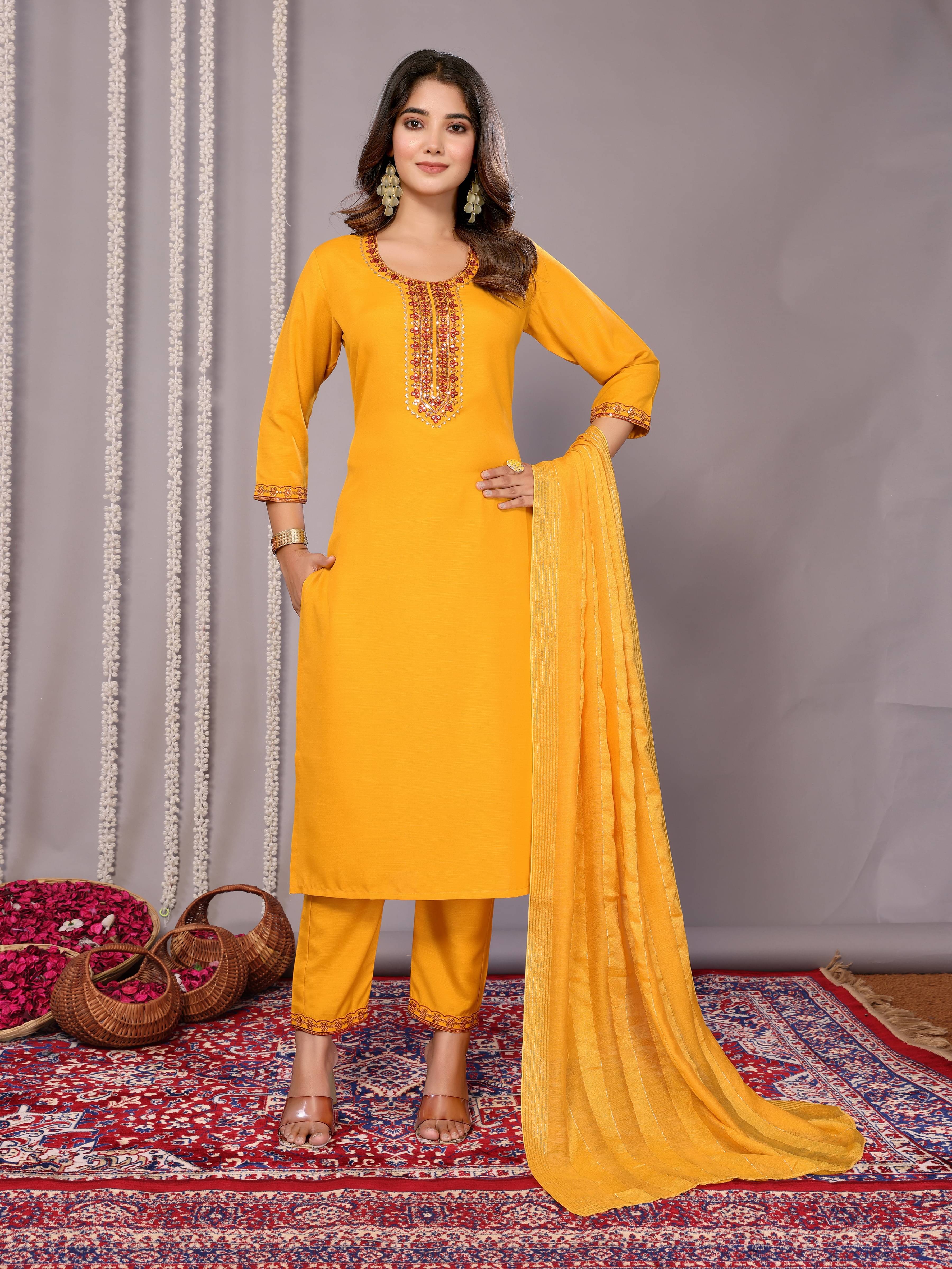 Royal Export Cotton Blend Embroidered Kurti With Pants Women's Stitched Salwar Suit - Yellow ( Pack of 1 ) Royal Export Cotton Blend Embroidered Kurti With Pants Women's Stitched Salwar Suit - Yellow ( Pack of 1 )