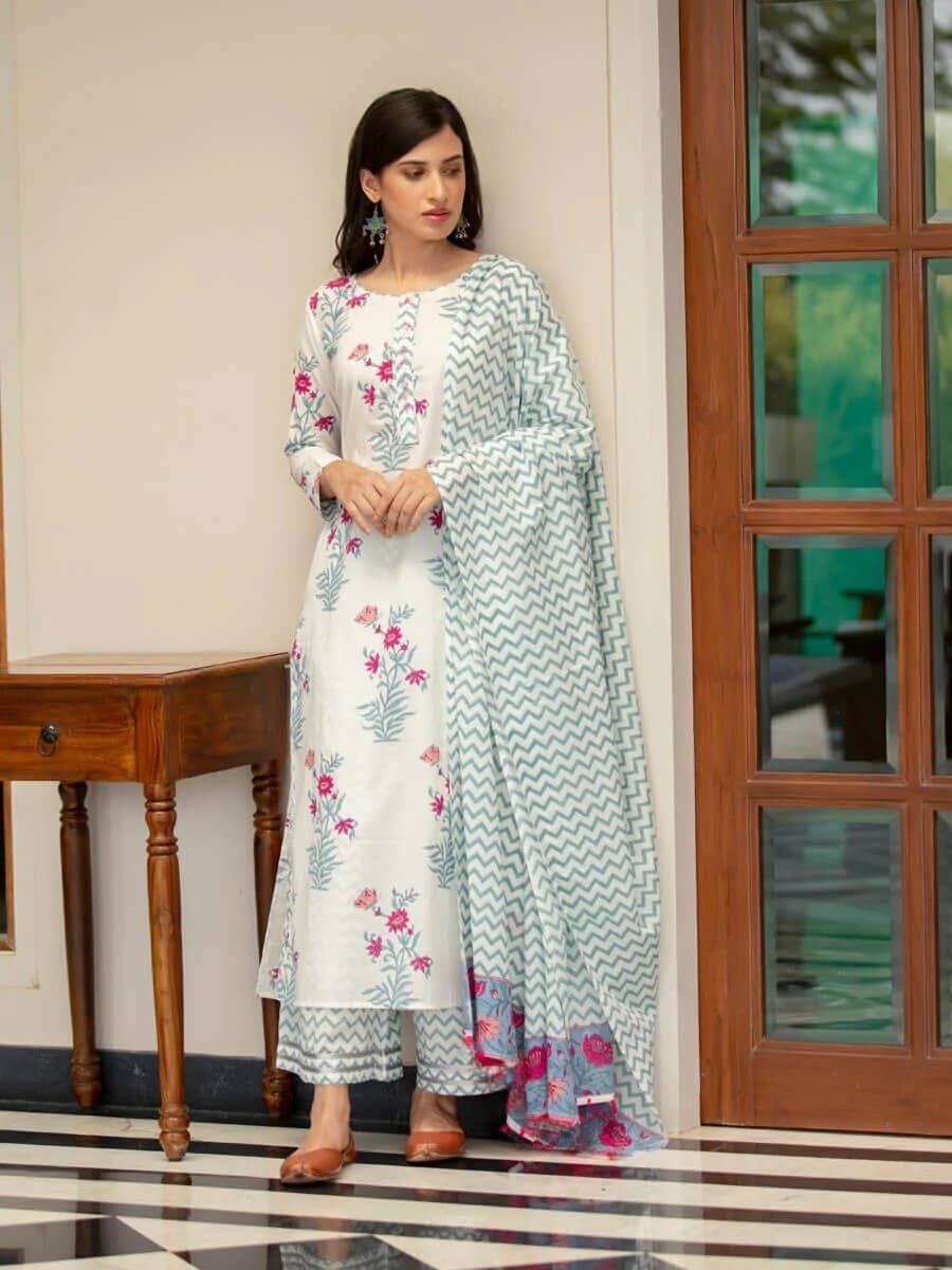 Royal Export Cotton Blend Printed Kurti With Palazzo Women's Stitched Salwar Suit - White ( Pack of 1 )