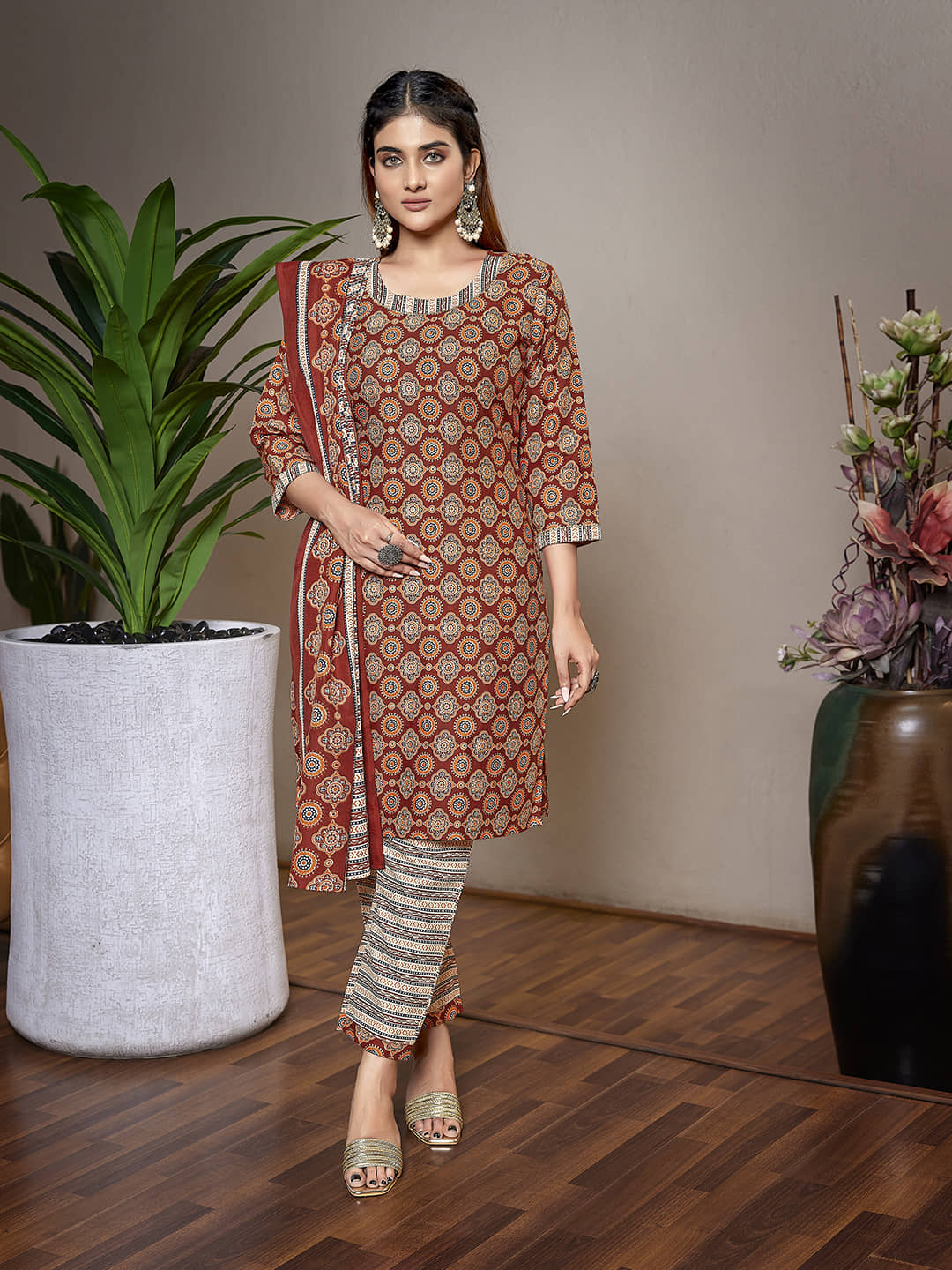 Royal Export Cotton Blend Printed Kurti With Pants Women's Stitched Salwar Suit - Brown ( Pack of 1 )