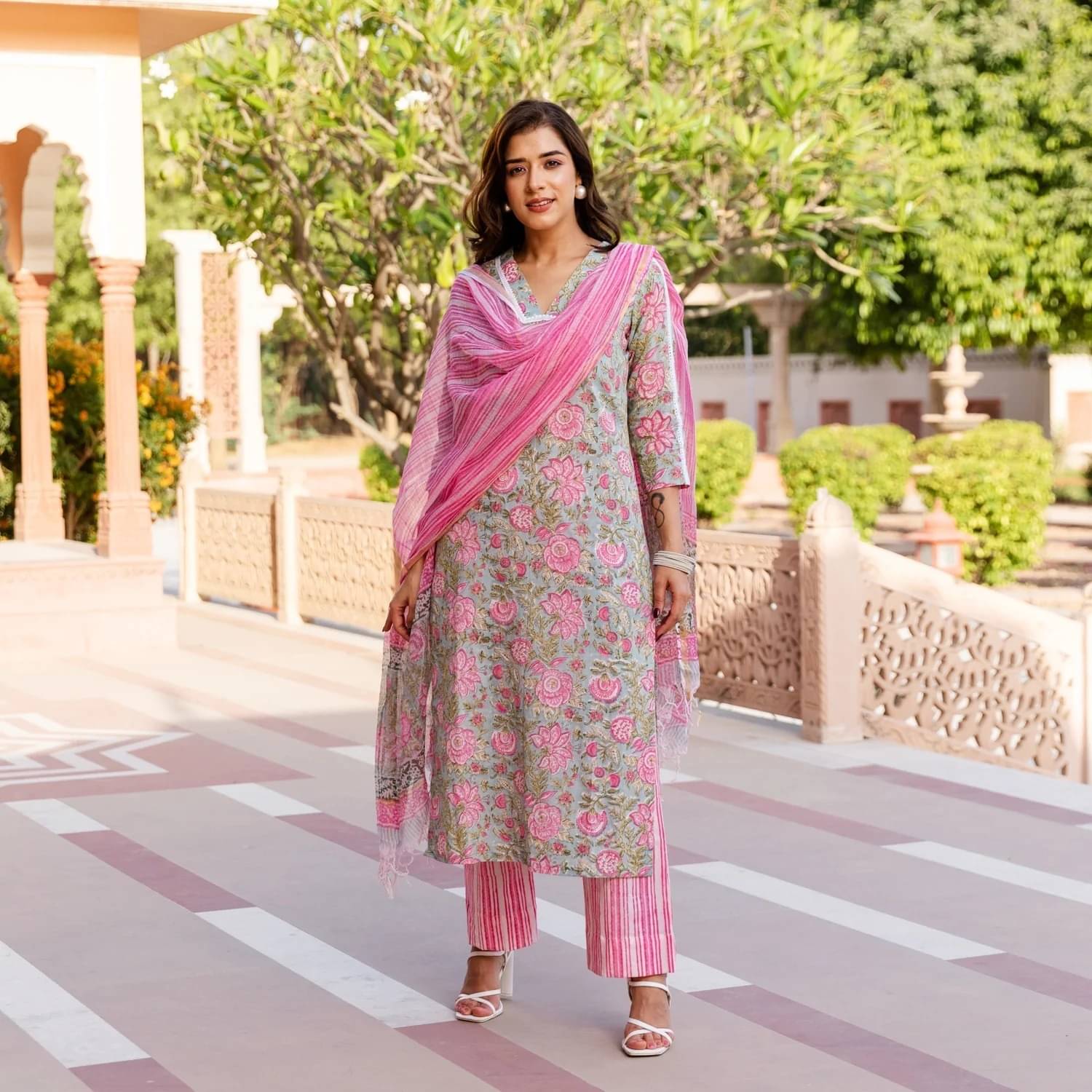 Royal Export Cotton Blend Printed Kurti With Pants Women's Stitched Salwar Suit - Pink ( Pack of 1 ) Royal Export Cotton Blend Printed Kurti With Pants Women's Stitched Salwar Suit - Pink ( Pack of 1 )