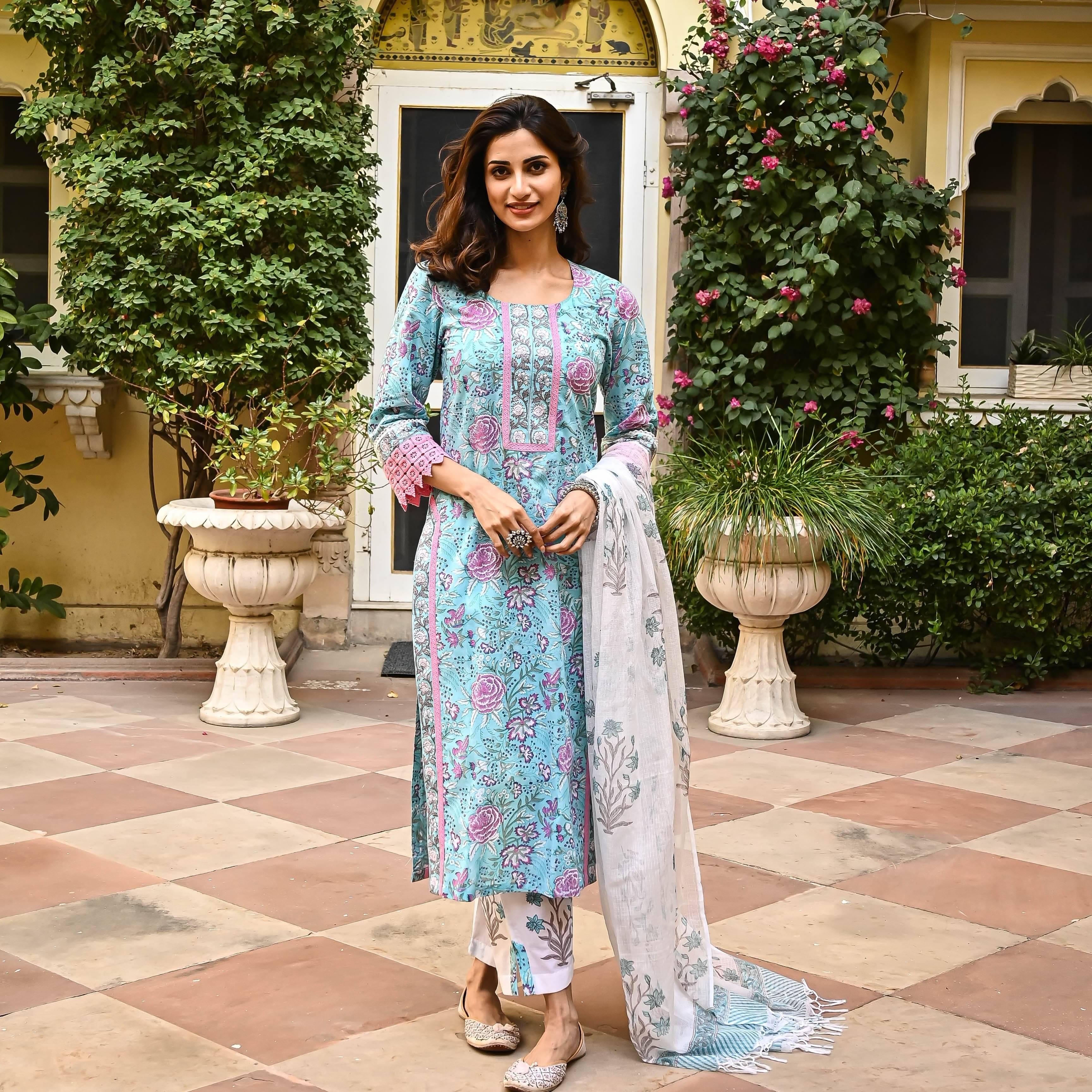 Royal Export Cotton Printed Kurti With Pants Women's Stitched Salwar Suit - Light Blue ( Pack of 1 ) Royal Export Cotton Printed Kurti With Pants Women's Stitched Salwar Suit - Light Blue ( Pack of 1 )