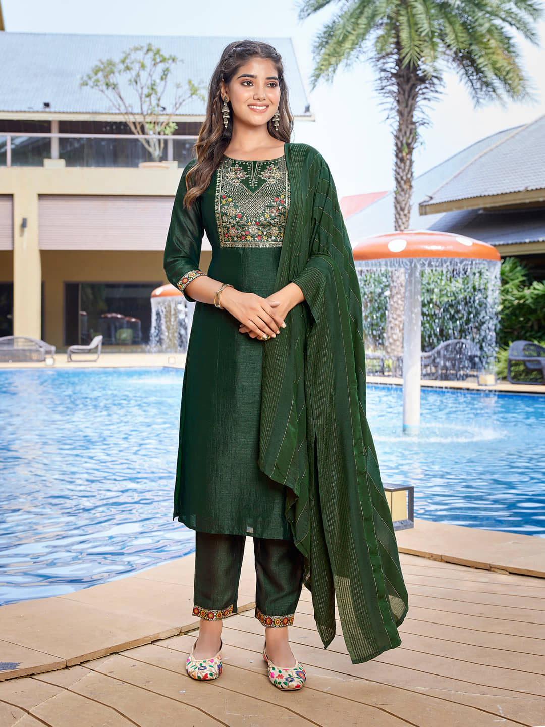 Royal Export Silk Blend Embellished Kurti With Pants Women's Stitched Salwar Suit - Green ( Pack of 1 )