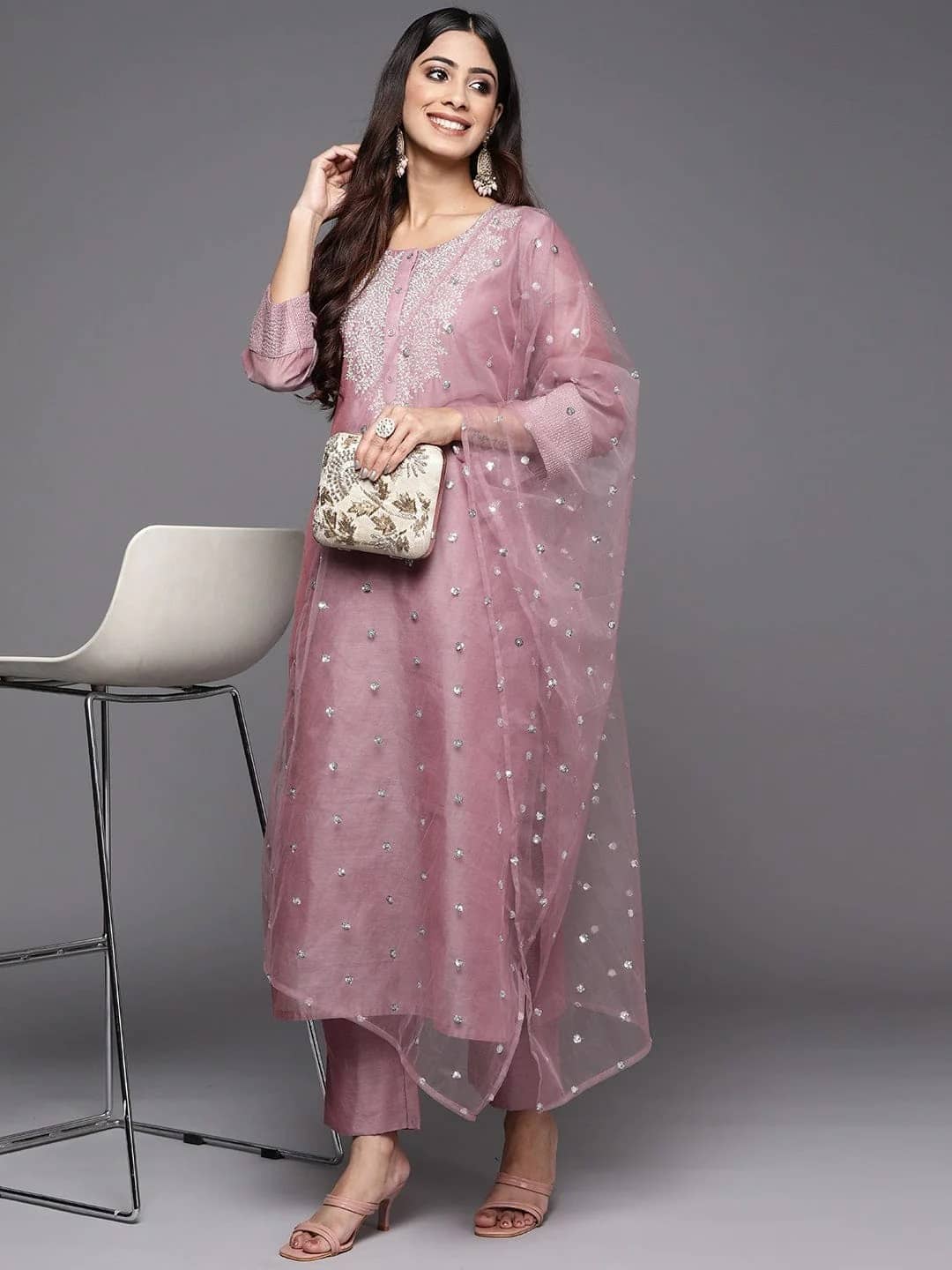 Royal Export Silk Embroidered Kurti With Pants Women's Stitched Salwar Suit - Pink ( Pack of 1 )