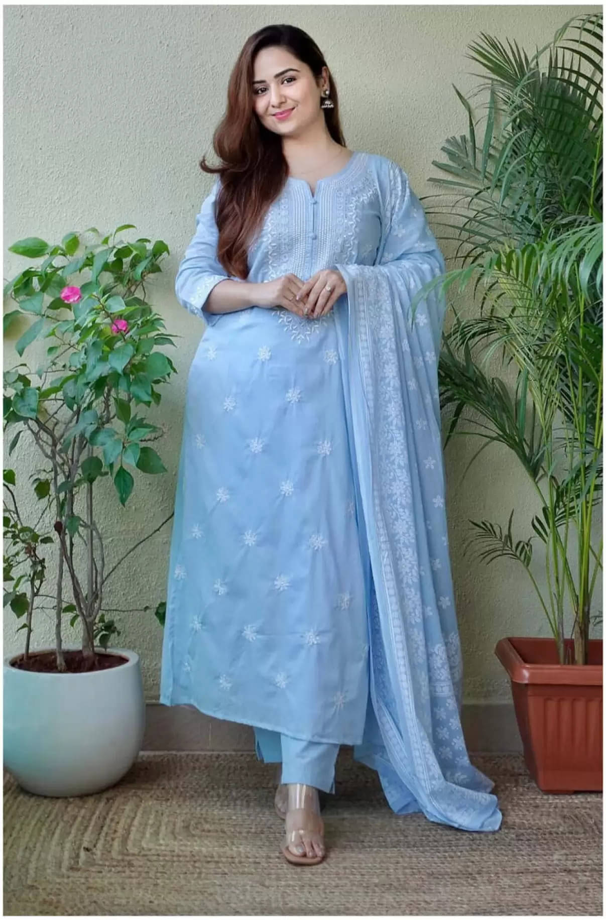     			Royal Export Viscose Embroidered Kurti With Pants Women's Stitched Salwar Suit - Light Blue ( Pack of 1 )