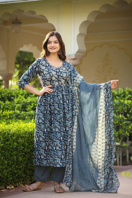 Royal Export Viscose Printed Kurti With Pants Women's Stitched Salwar Suit - Blue ( Pack of 1 )