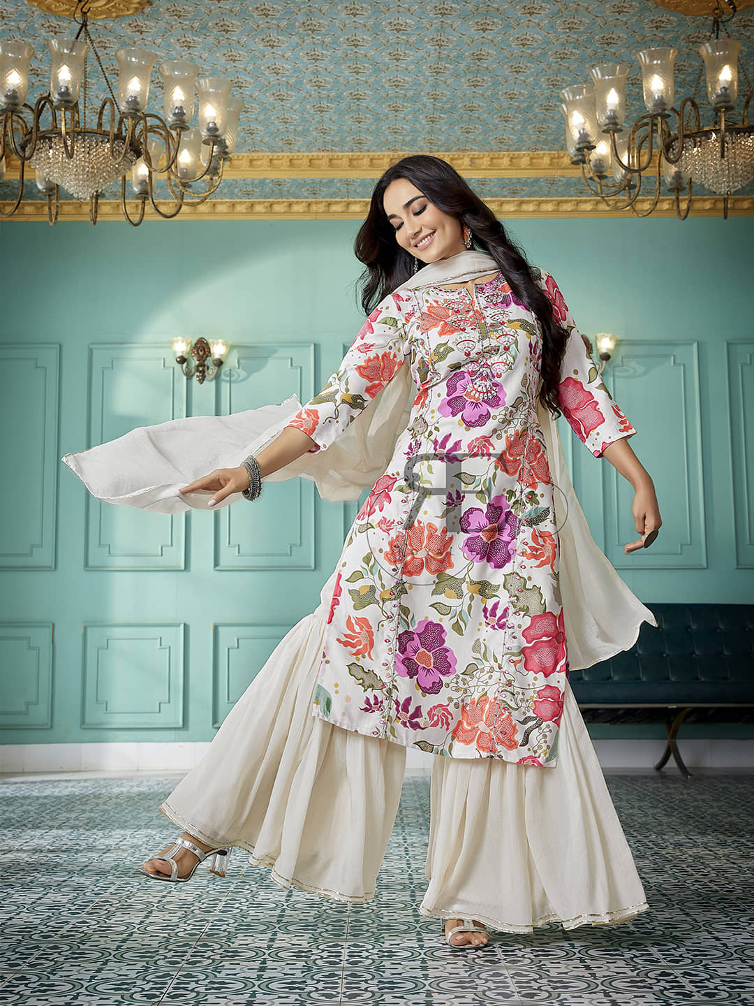Royal Export Viscose Printed Kurti With Sharara And Gharara Women's Stitched Salwar Suit - Multicoloured ( Pack of 1 )