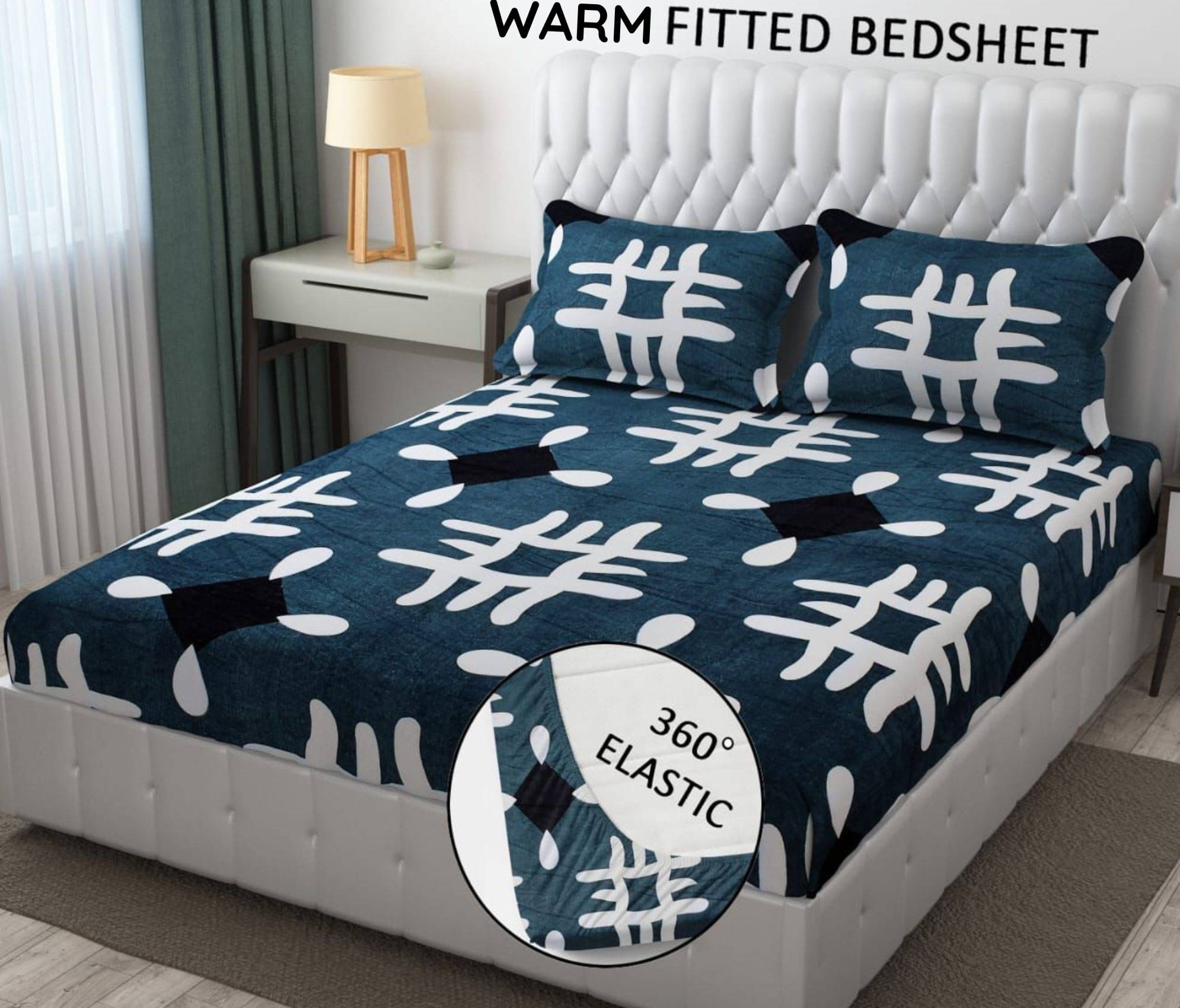     			SWIZIER Flannel Geometric Fitted 1 Bedsheet with 2 Pillow Covers ( King Size ) - Blue