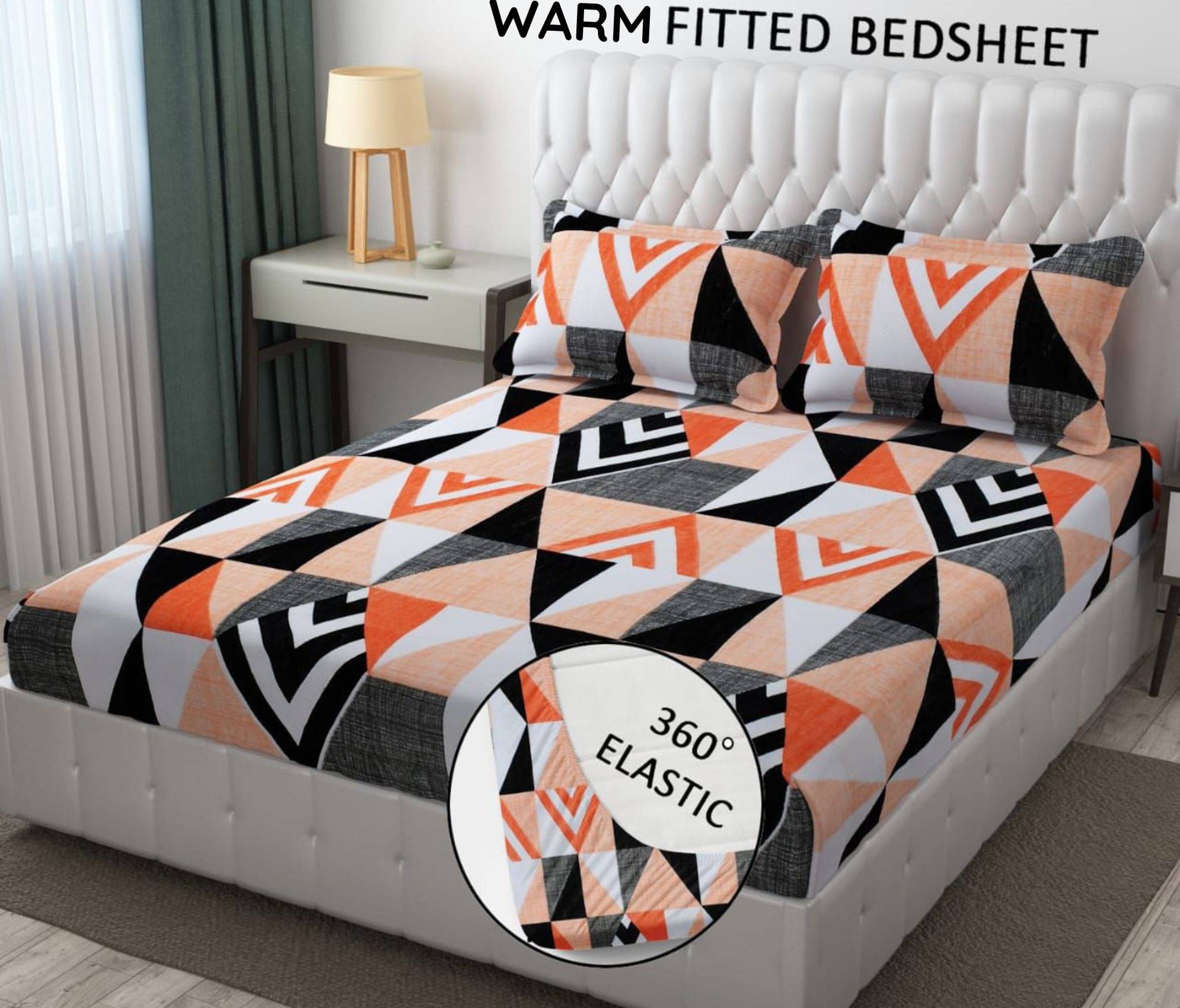     			SWIZIER Flannel Geometric Fitted 1 Bedsheet with 2 Pillow Covers ( King Size ) - Orange