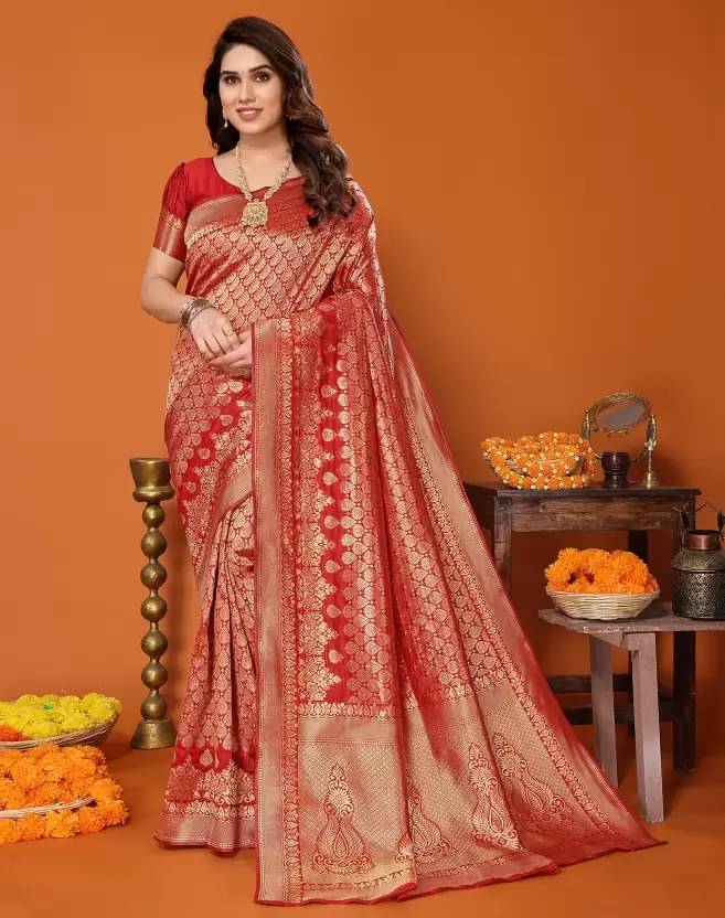 Saadhvi Silk Woven Saree With Unstitched Blouse Piece ( Red ) Saadhvi Silk Woven Saree With Unstitched Blouse Piece ( Red )