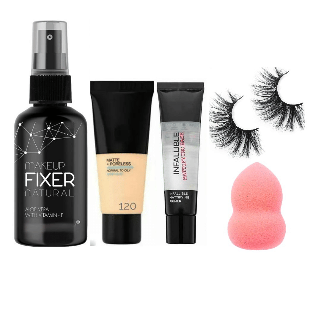     			swenky makeup fixer primer foundation beauty blender puff & false eyelash (Pack of 5)
