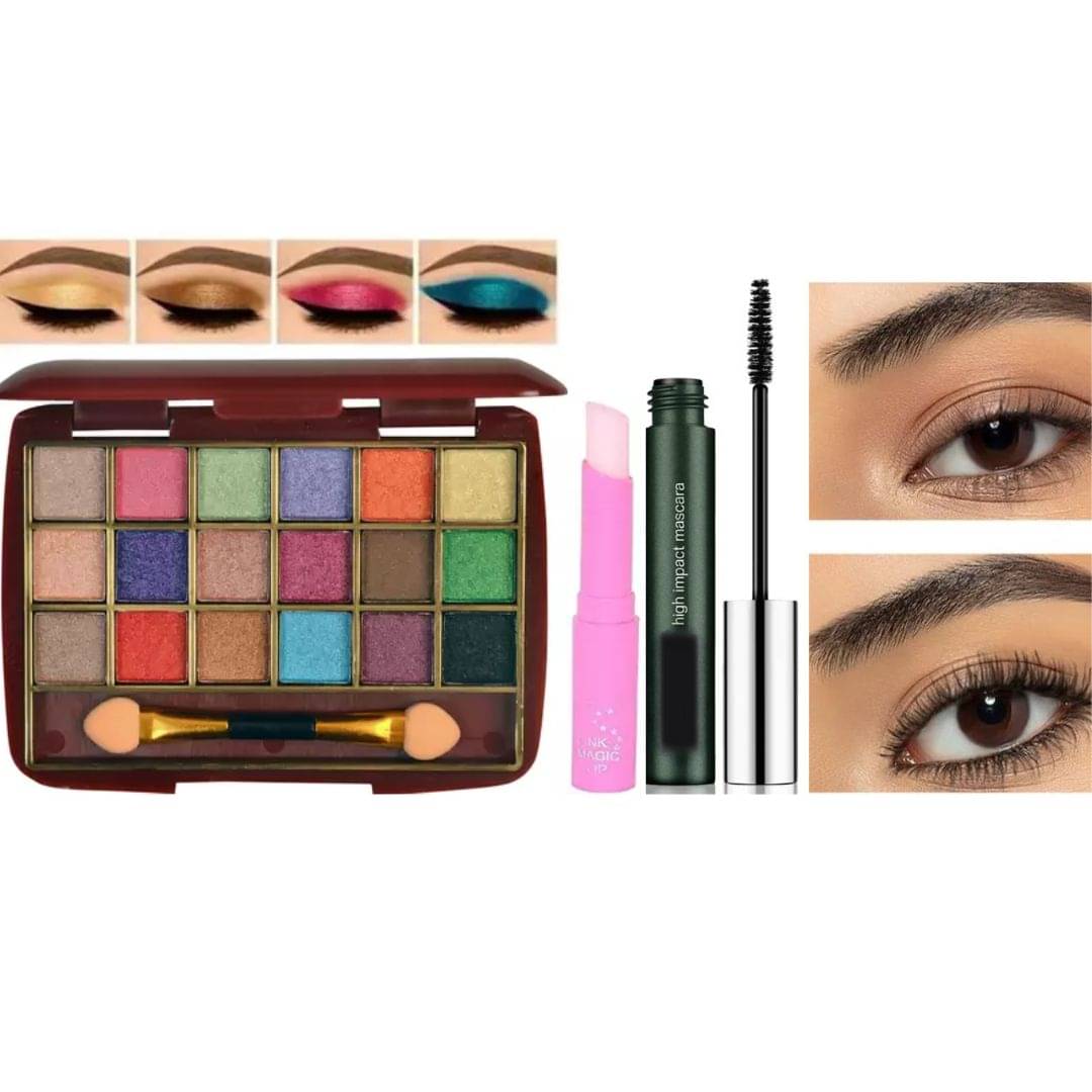     			swenky 18color shimmer eyeshadow with liquid mascara & color changing lip balm (Pack of 3)