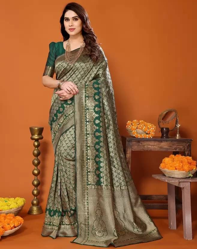     			Vkaran Silk Embellished Saree With Unstitched Blouse Piece ( Green )
