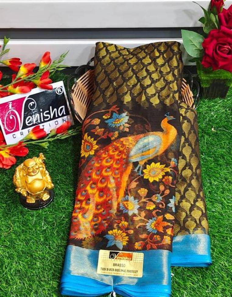     			mahalaxmi fab Brasso Applique Saree With Unstitched Blouse Piece ( Brown )