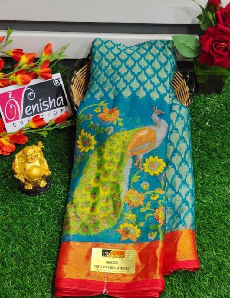     			mahalaxmi fab Brasso Applique Saree With Unstitched Blouse Piece ( Light Blue )