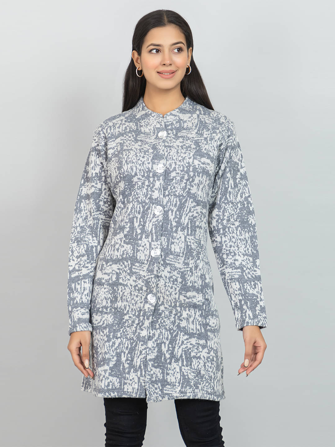     			woolkart Woollen Chinese/Mandarin Collar Women's Buttoned Cardigans - Grey (Pack of 1)