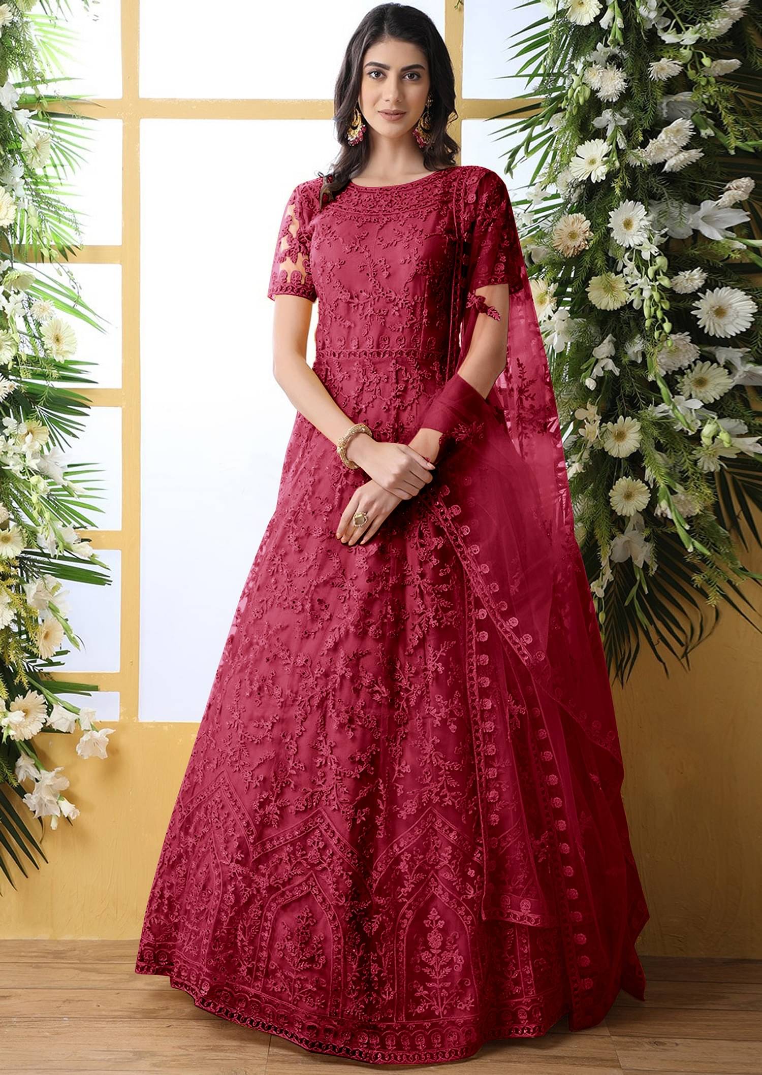 A TO Z CART Maroon Flared Net Women's Semi Stitched Ethnic Gown ( Pack of 1 )     			A TO Z CART Maroon Flared Net Women's Semi Stitched Ethnic Gown ( Pack of 1 )