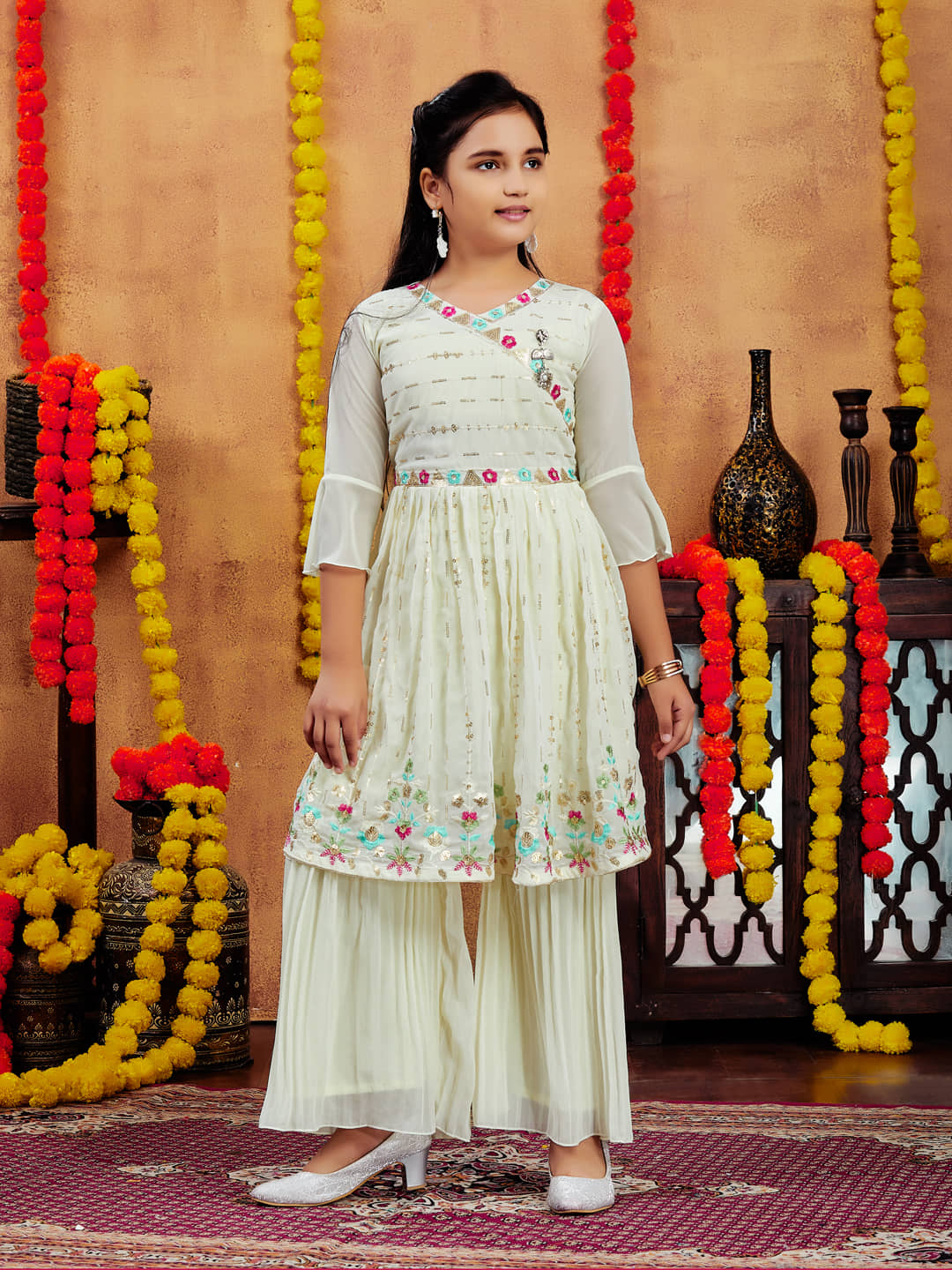 Aarika Girls Georgette Kurta and Sharara Set ( Pack of 1 , Cream )