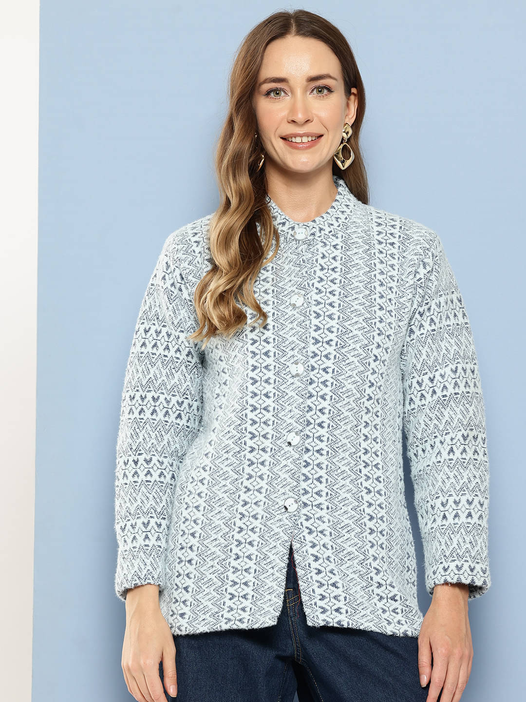     			Aarika Women Woollen Mandarin Collar Cardigan ( Blue )