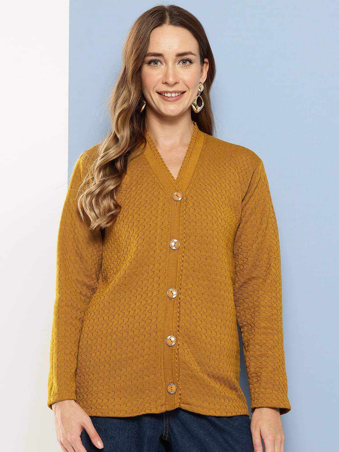 Aarika Woollen V Neck Women's Buttoned Cardigans - Yellow ( Single ) Aarika Woollen V Neck Women's Buttoned Cardigans - Yellow ( Single )