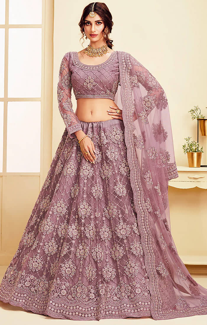 Aika Peach Net Chaniya Choli Semi Stitched Lehenga Single