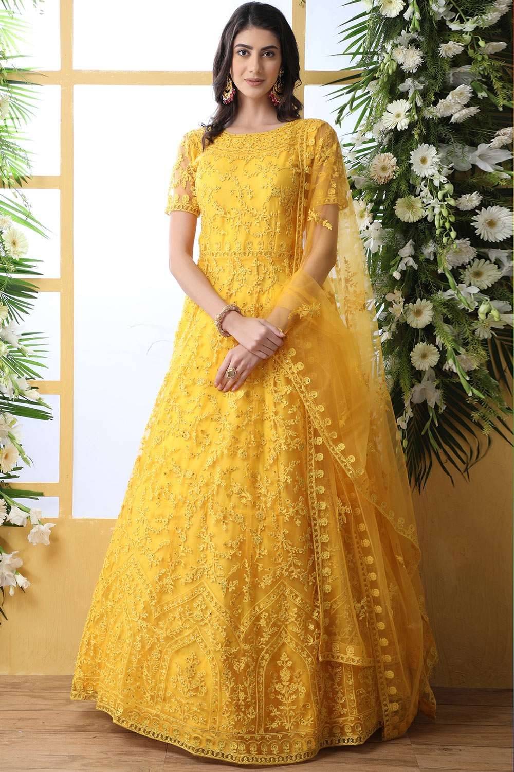 Aika Yellow Flared Net Women's Semi Stitched Ethnic Gown ( Pack of 1 ) Aika Yellow Flared Net Women's Semi Stitched Ethnic Gown ( Pack of 1 )