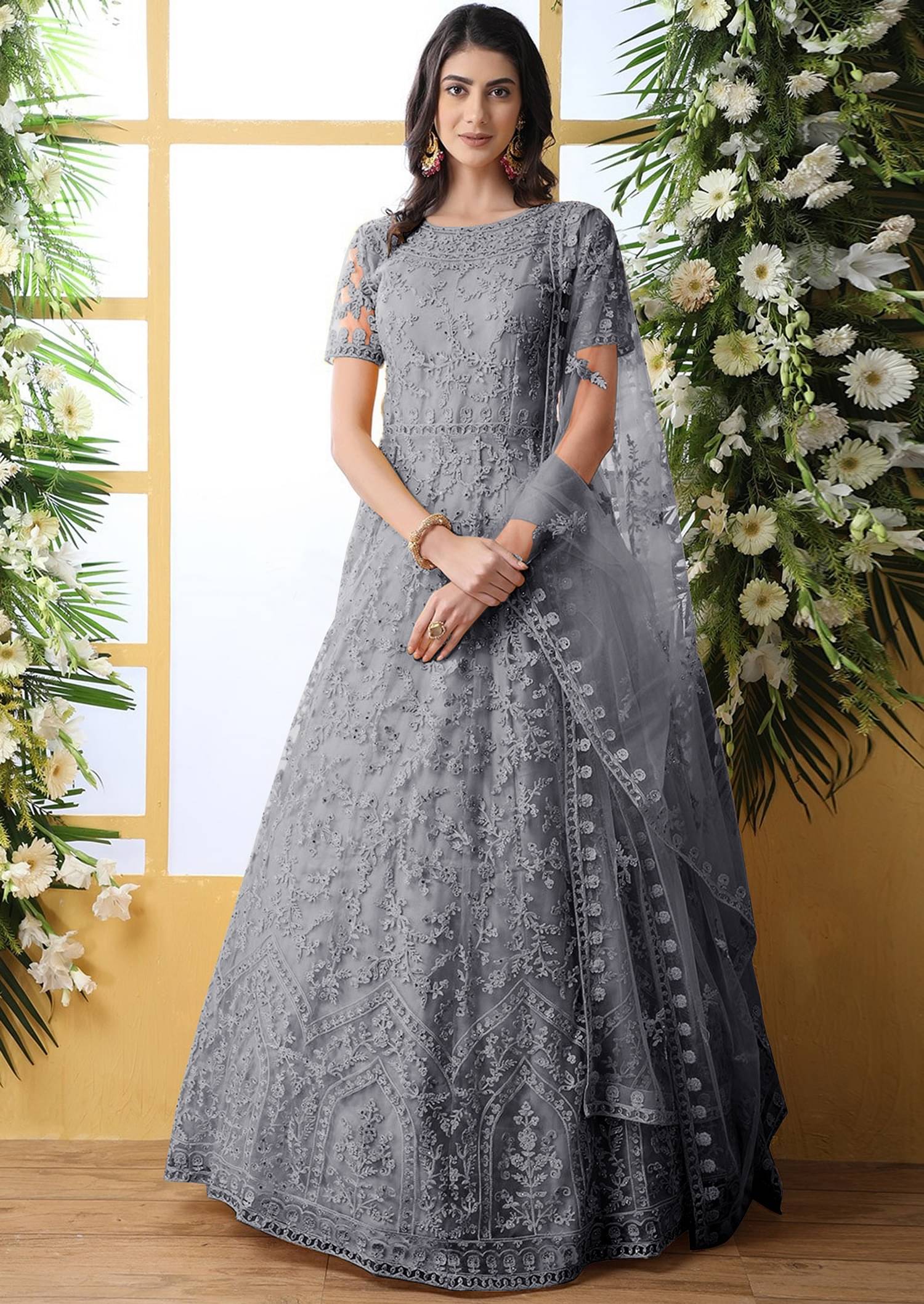     			Apnisha Grey Flared Net Women's Semi Stitched Ethnic Gown ( Pack of 1 )