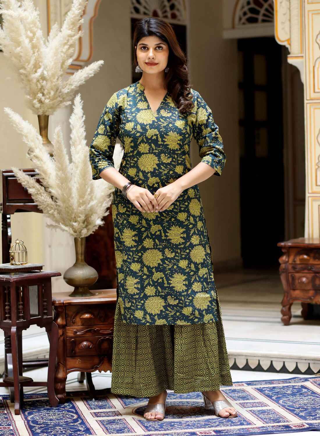 Doriyaan Cotton Printed Kurti With Sharara And Gharara Women's Stitched Salwar Suit - Green ( Pack of 1 )     			Doriyaan Cotton Printed Kurti With Sharara And Gharara Women's Stitched Salwar Suit - Green ( Pack of 1 )