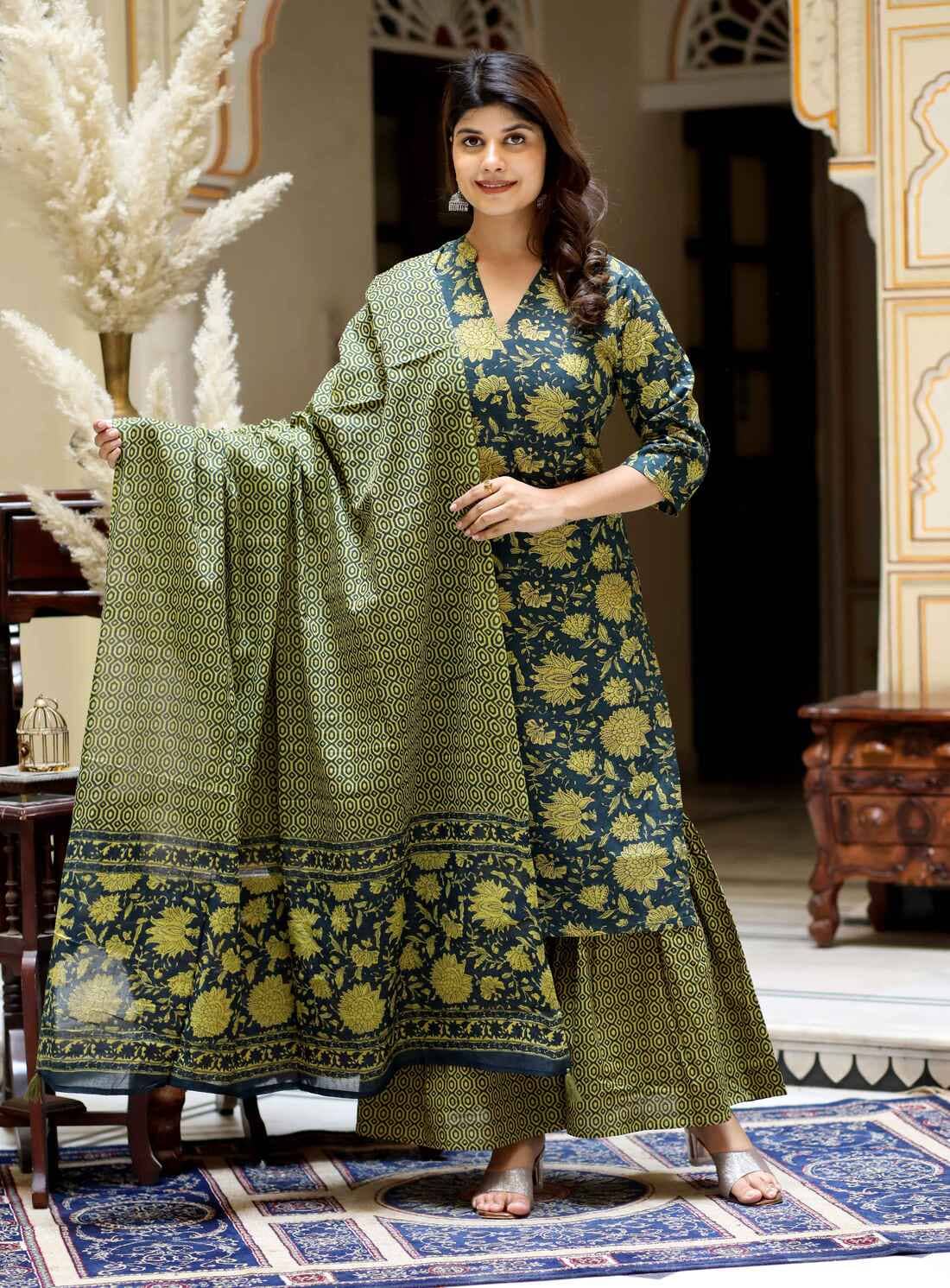 Doriyaan Cotton Printed Kurti With Sharara And Gharara Women's Stitched Salwar Suit - Green ( Pack of 1 )