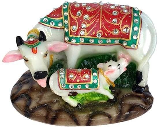 Fashion Bizz Handcrafted Marble Kamdhenu Cow Statue With Calf For Home Decor - 10 cm