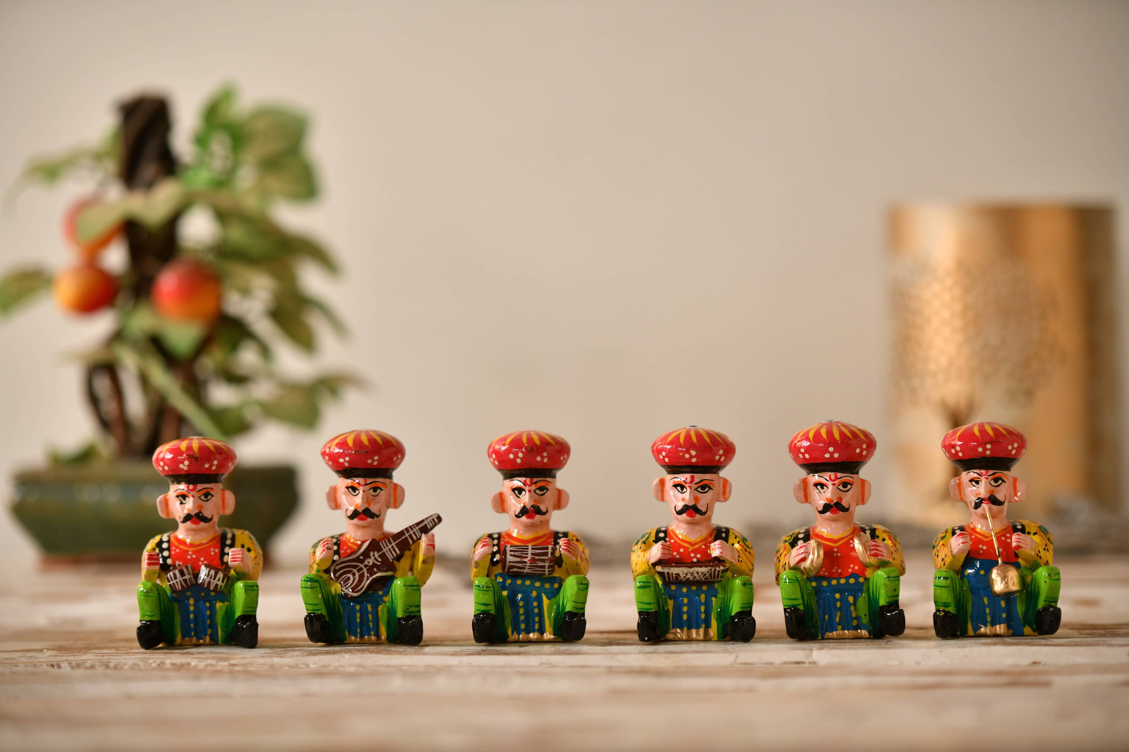 Fashion Bizz Rajasthani Wooden Musician Bawla Decorative Showpiece - 5.4 cm, Pack of 6