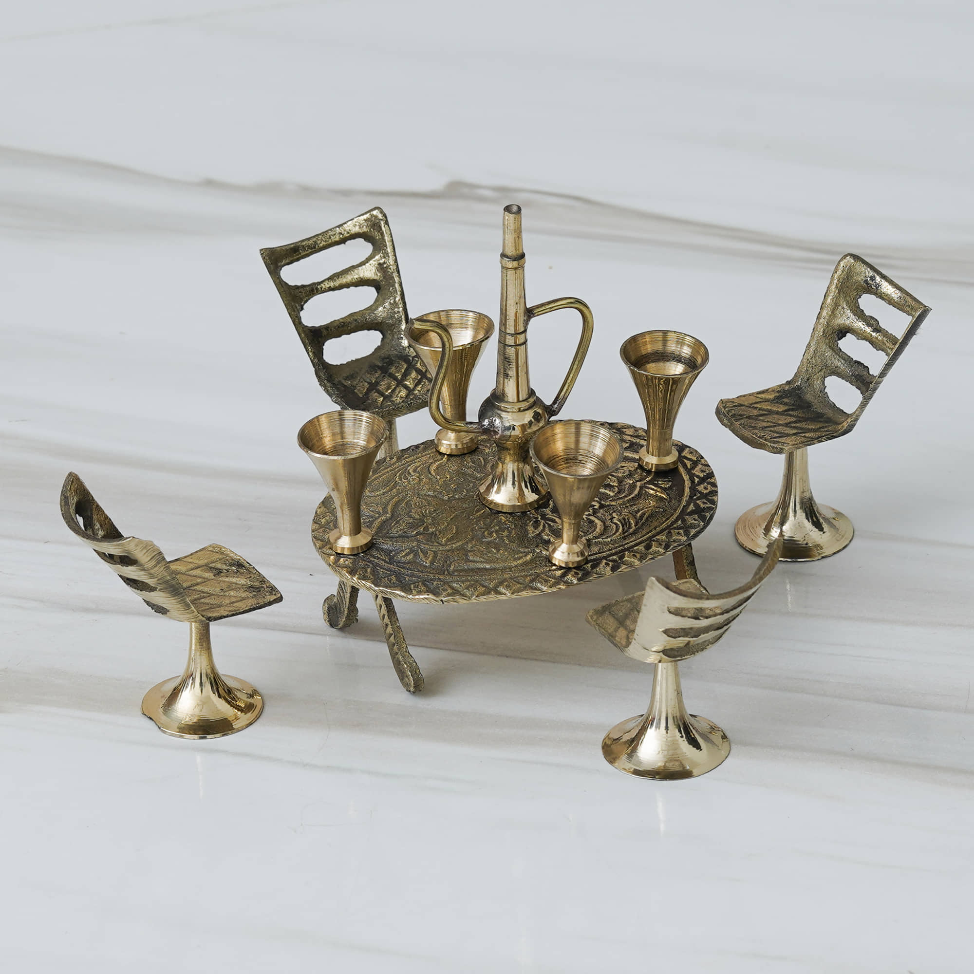 Fashion Bizz Handcrafted Brass Mini Chair Table Decorative Showpiece - 10 cm